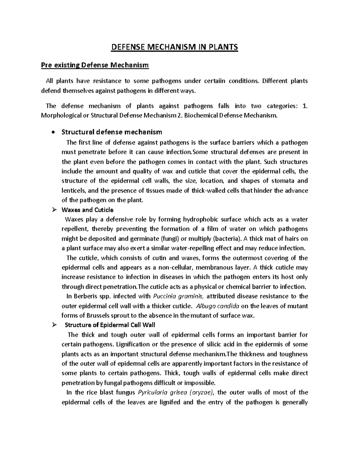 Pre existing defence mechanism DEFENSE MECHANISM IN PLANTS Pre