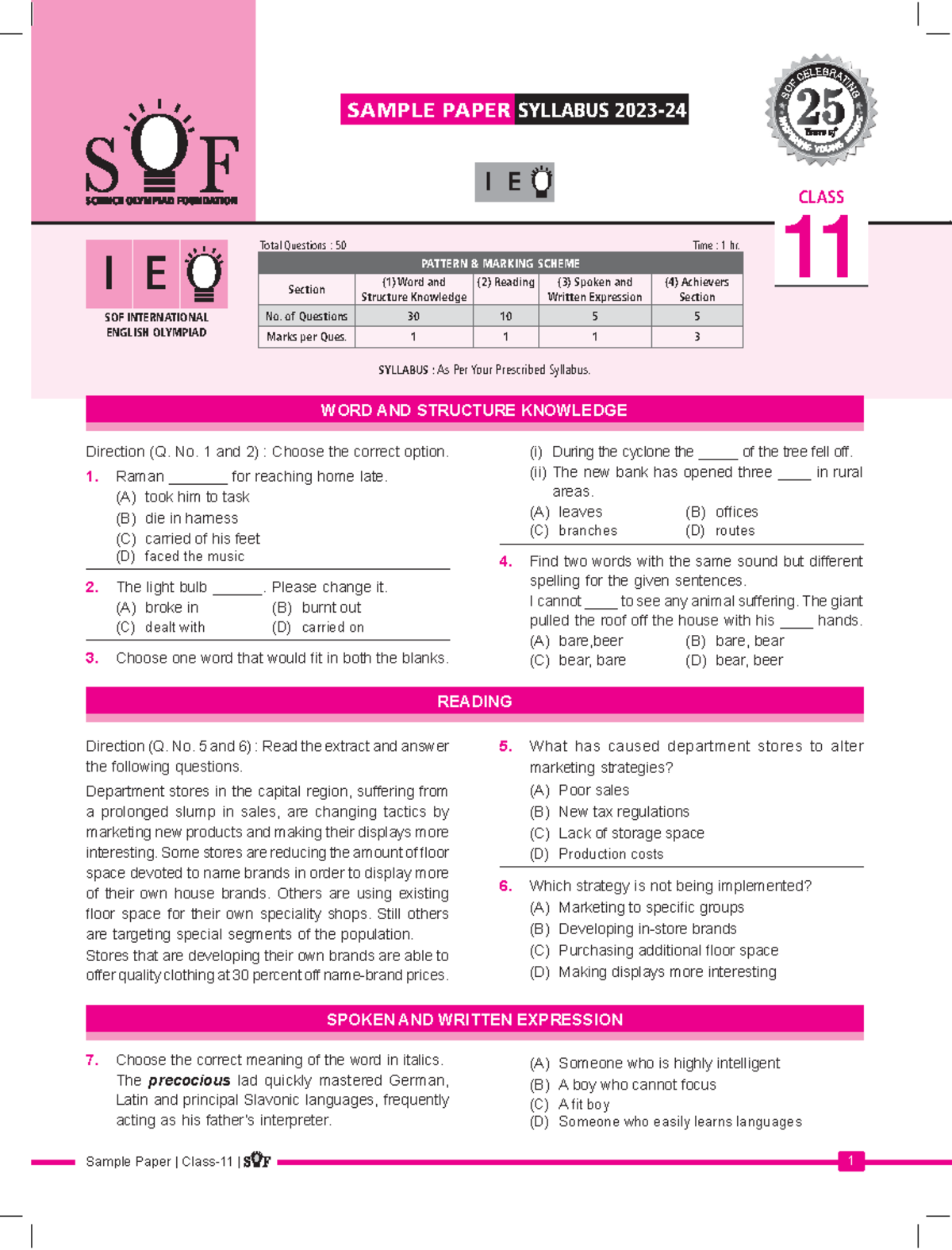 ieo sample paper for class 11 olympiad - Sample Paper | Class-11 | 1 ...