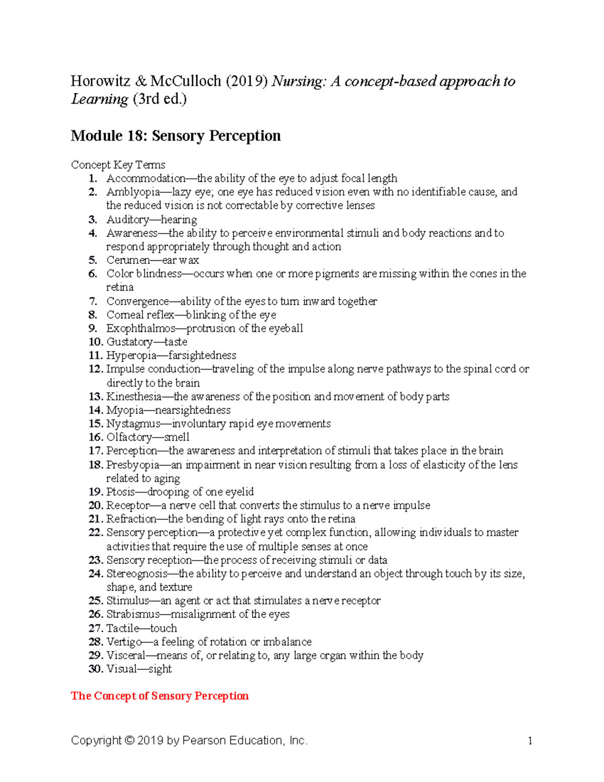 Sensory Perception Outline Module 18 - Horowitz & McCulloch (2019 ...