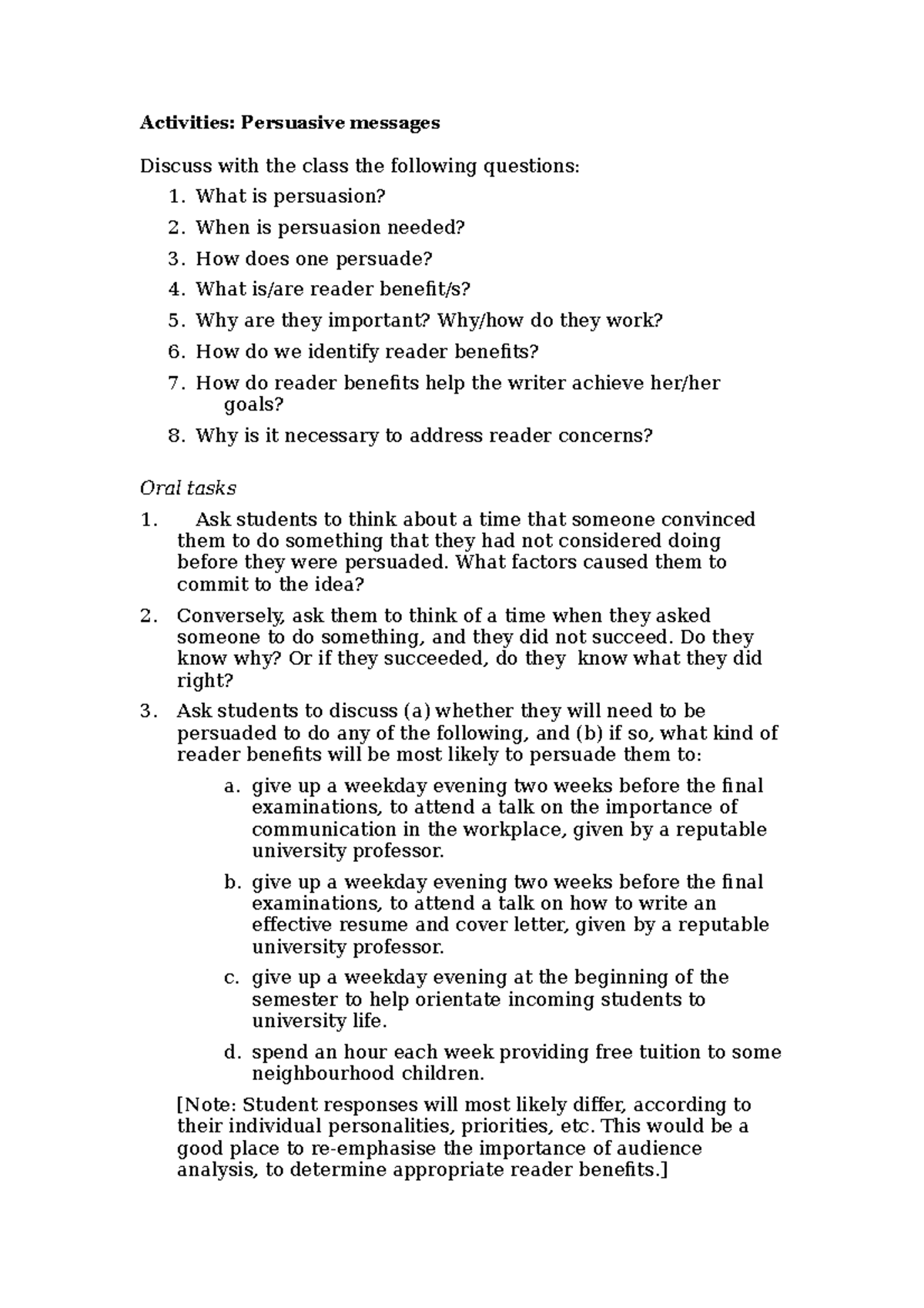 Persuasive message activities - Activities: Persuasive messages Discuss ...