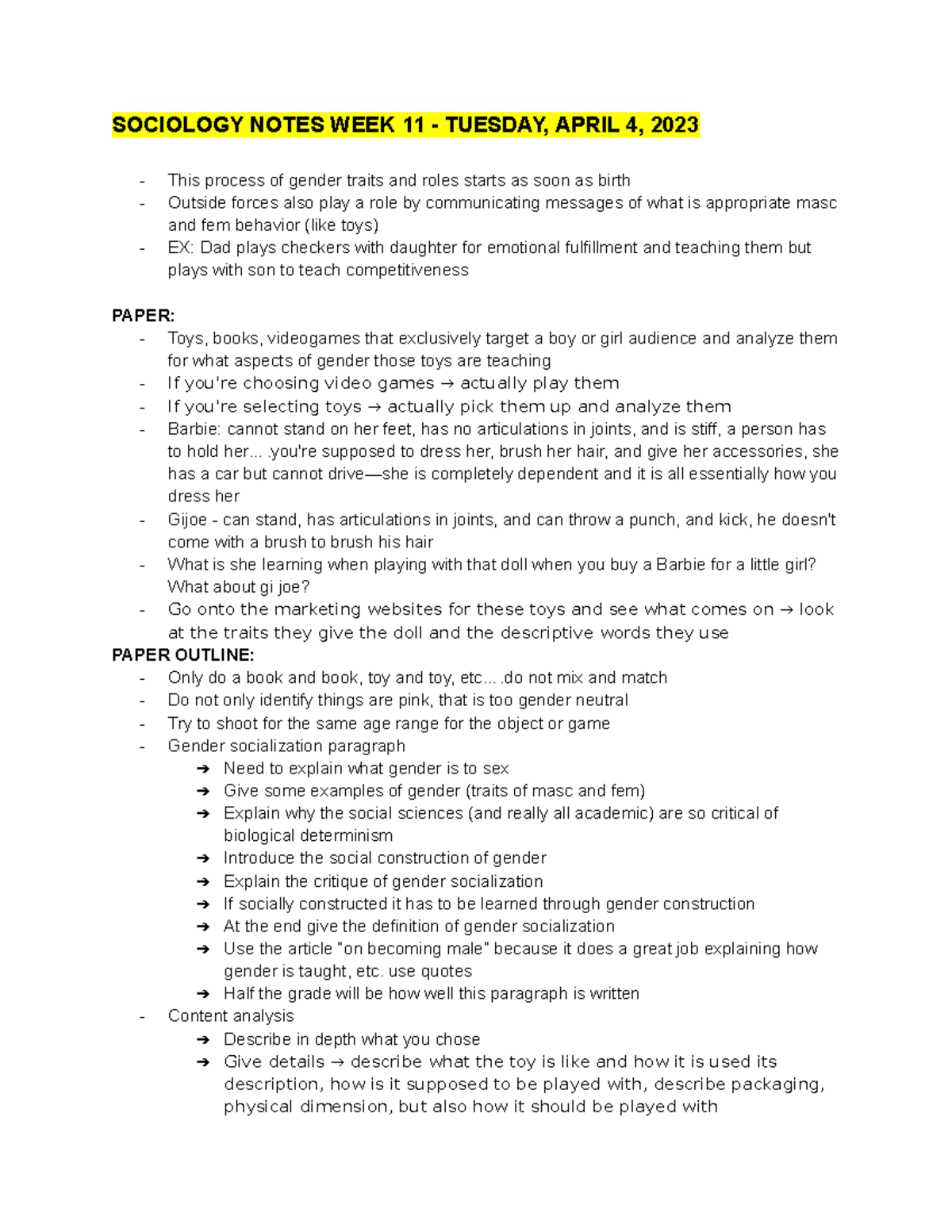 SOC Notes Week 11 - SOCIOLOGY NOTES WEEK 11 - TUESDAY, APRIL 4, 2023 ...