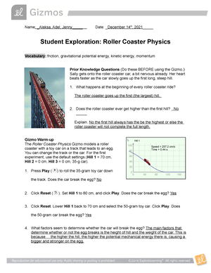 Roller Coaster Gizmo Student Exploration Sheet Name Aleksa