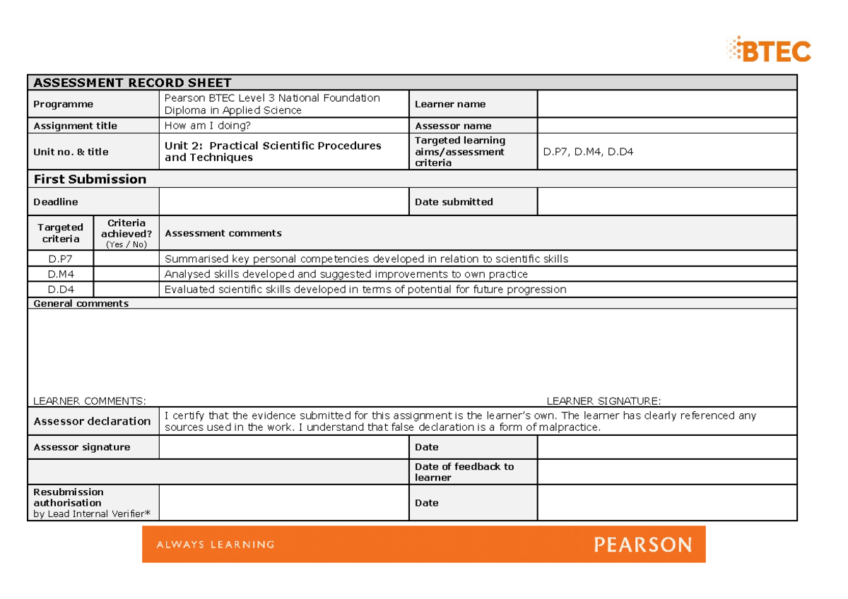 BTEC Assessment Record-2D - ASSESSMENT RECORD SHEET Programme Pearson ...