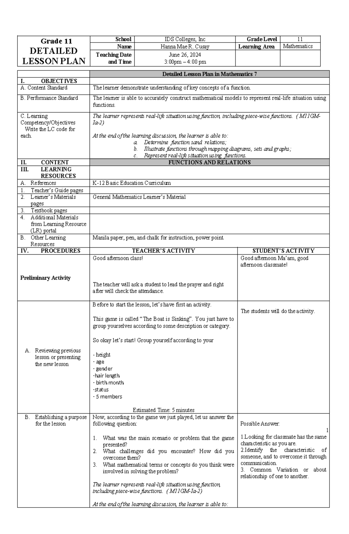Dlp ids demo - Copy - lesson plan - Grade 11 DETAILED LESSON PLAN ...