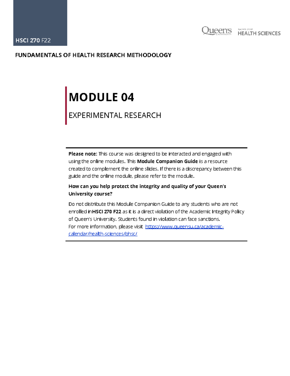 HSCI270 F22 M04 OL-BL on Q Companion Guide - MODULE 04 EXPERIMENTAL ...