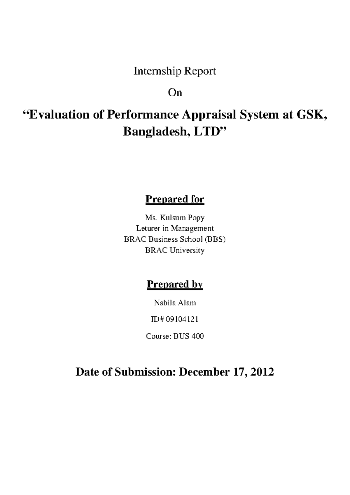 Internship Report On Evaluation of Perfo - Internship Report On ...