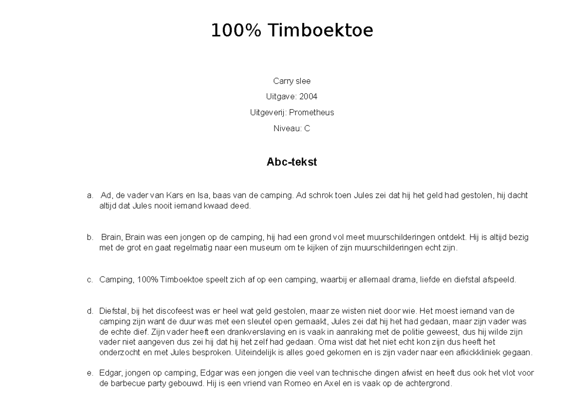 Boekverslag 100% timboektoe - 100% Timboektoe Carry slee Uitgave: 2004
