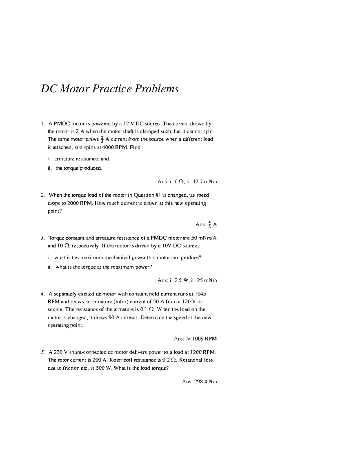 DC Motor - Practice Problems - DC Motor Practice Problems A PMDC motor ...