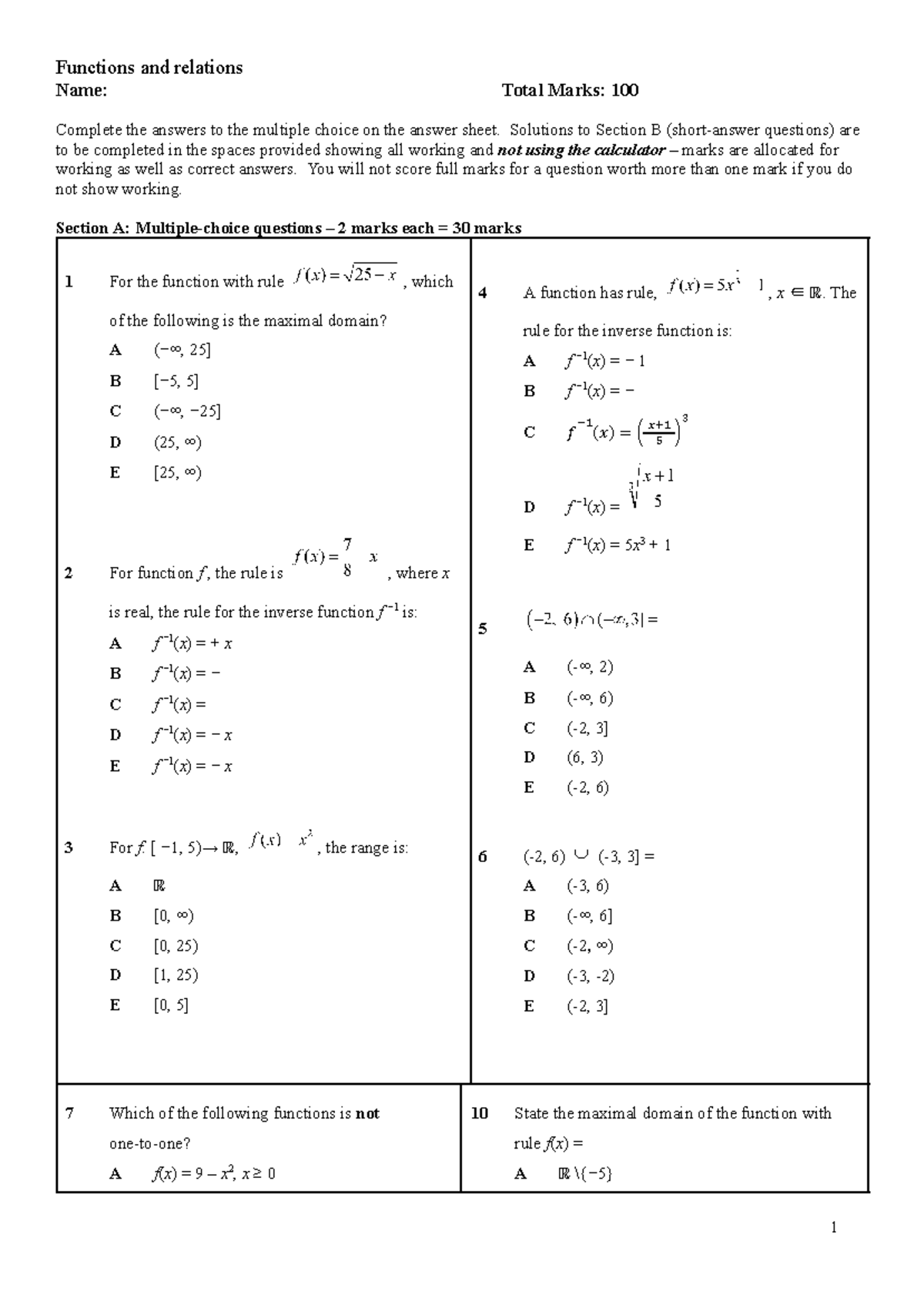 Ch1 Functions and Relations Assignment - Functions and relations Name ...