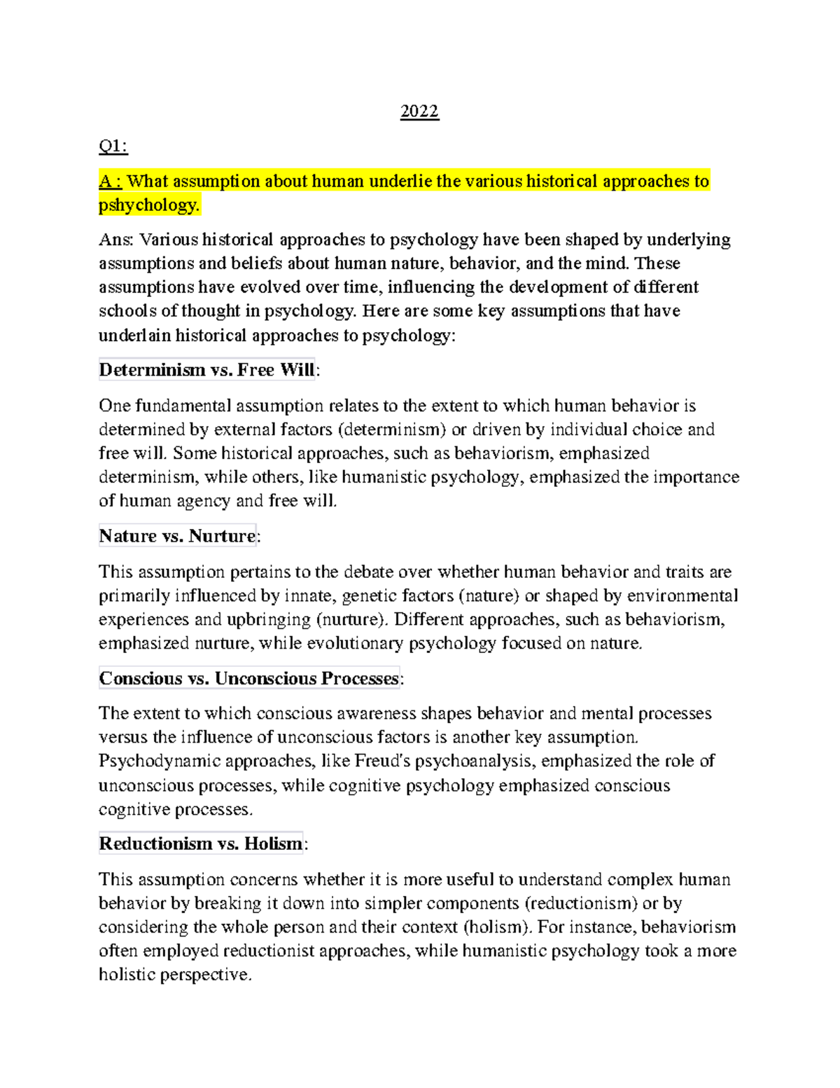 Psychology Question Informative 2022 Q1 A What assumption about human underlie the