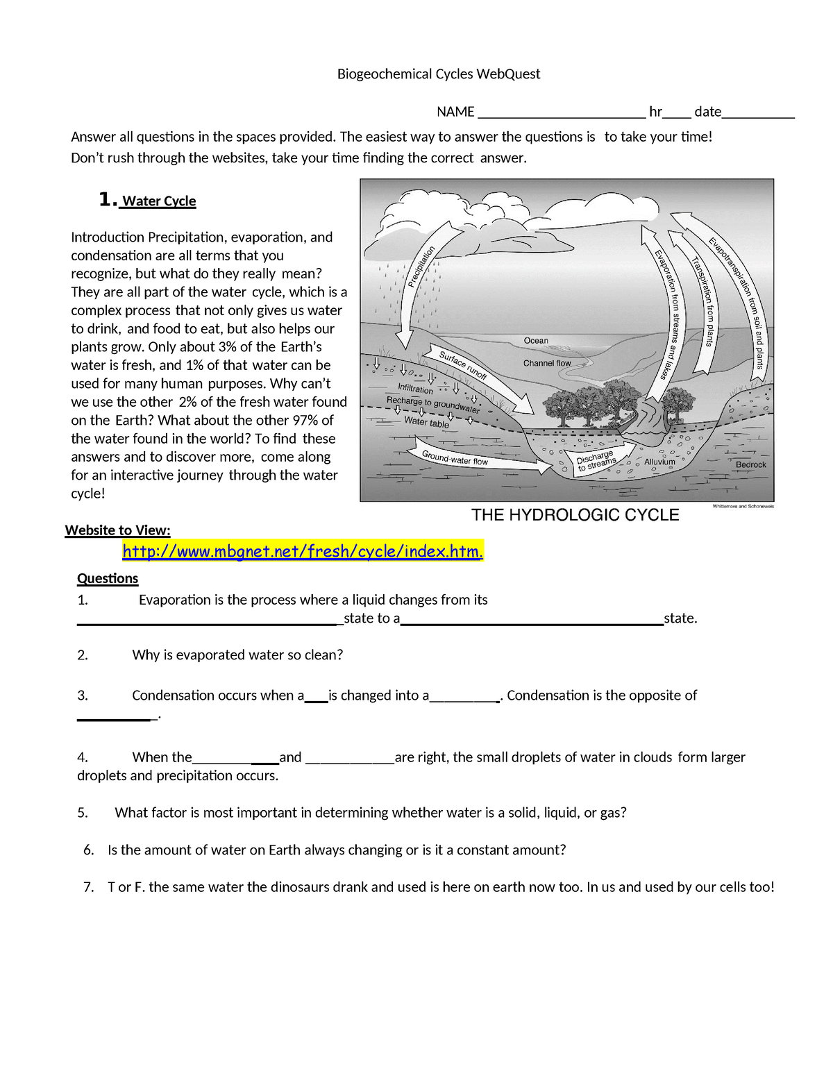 Biogeochemical Webquest - Biogeochemical Cycles Webquest Name 