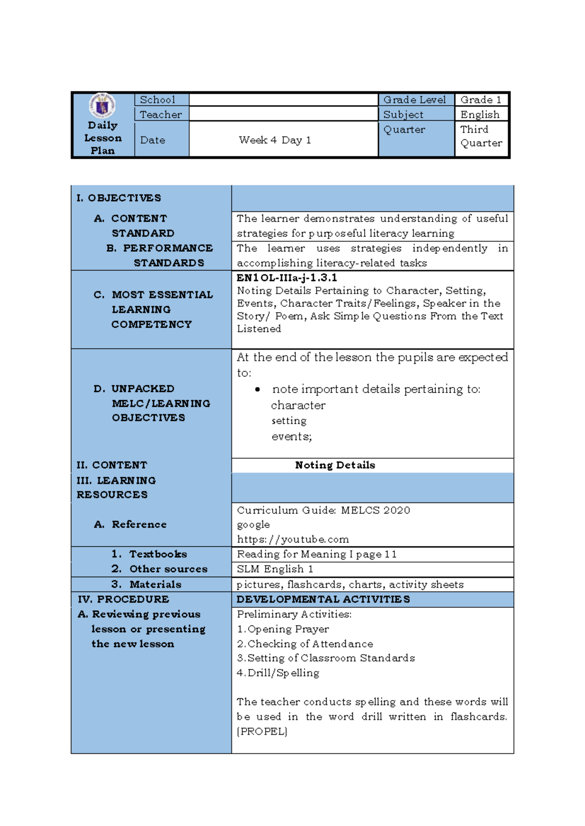 QAed ENG 1 Q3 WEEK 4 DAY 1 Naditte B - I. OBJECTIVES A. CONTENT ...