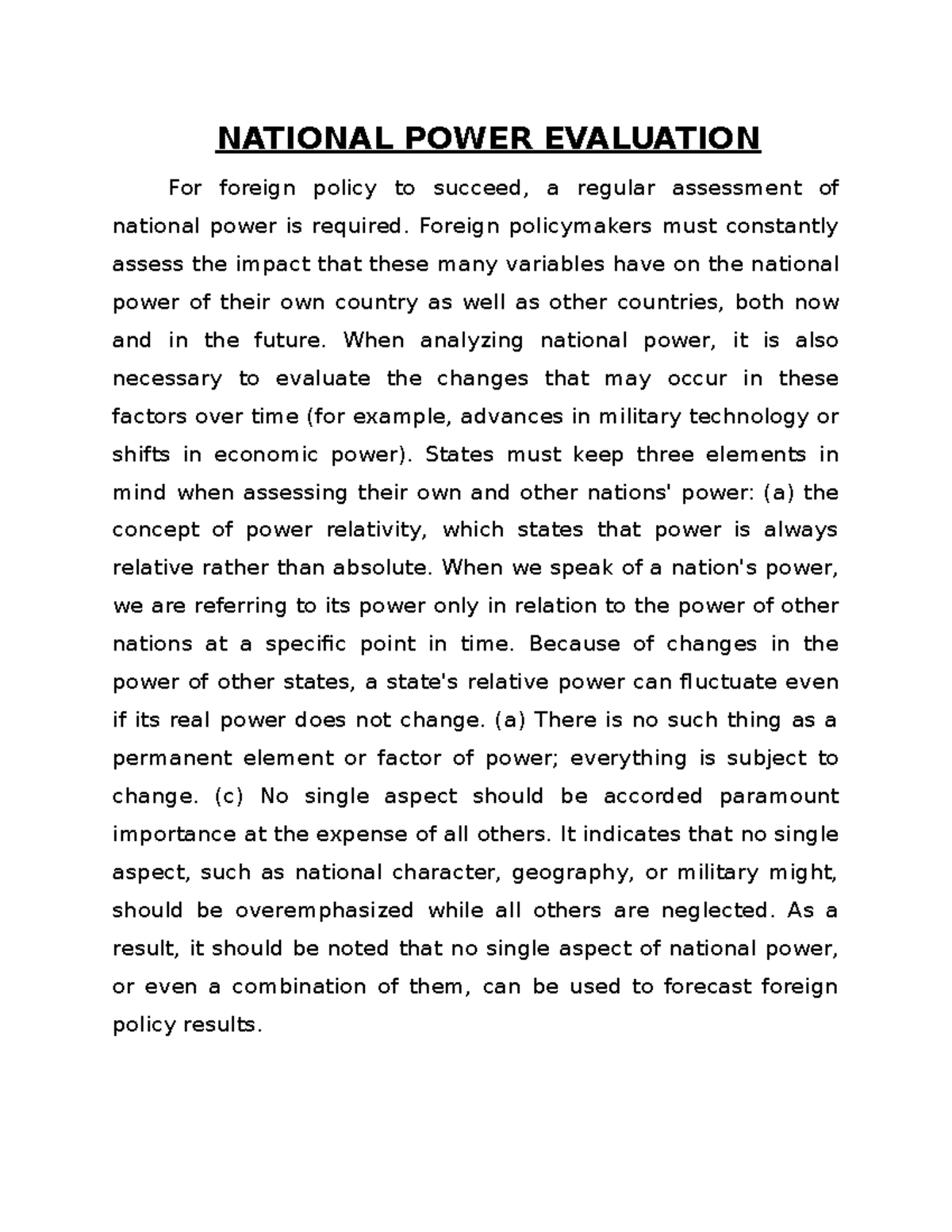 National Power Evaluation NATIONAL POWER EVALUATION For foreign