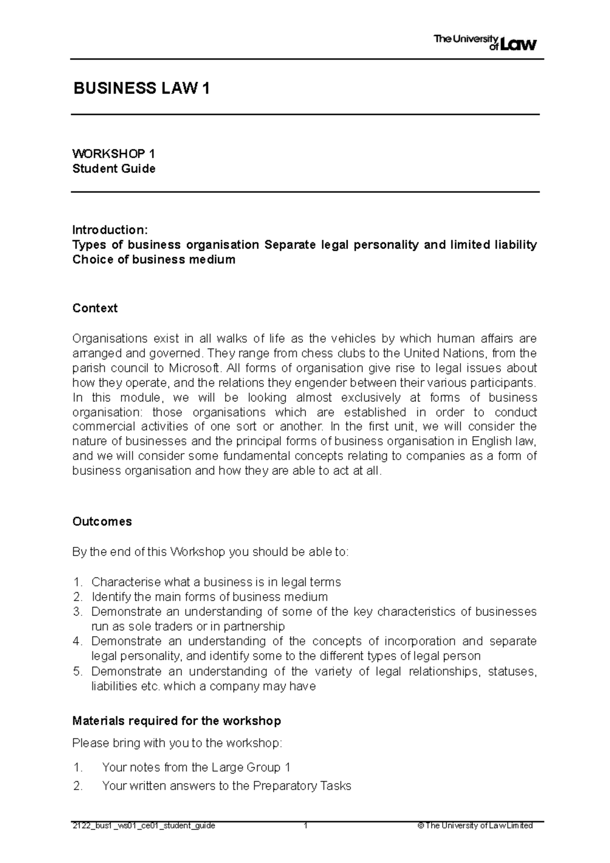 Business Law WS1 - BUSINESS LAW 1 WORKSHOP 1 Student Guide Introduction ...