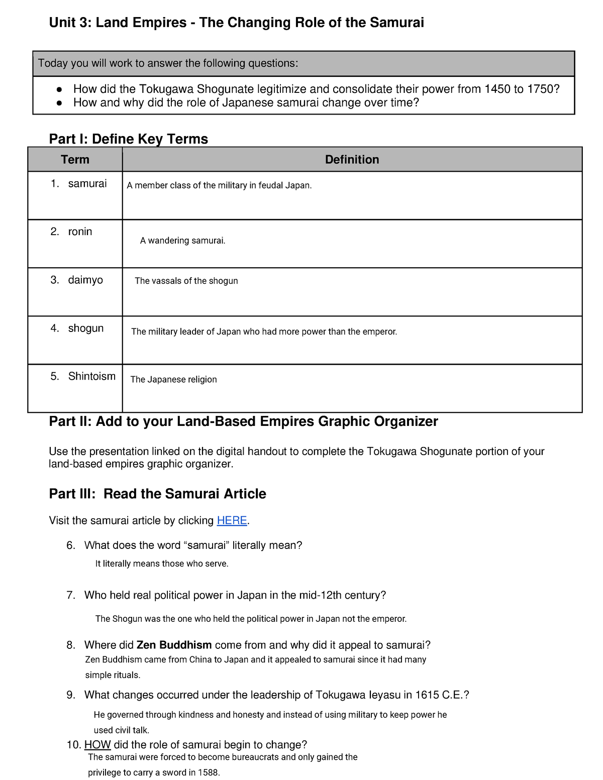 Kami Export   Unit 3   Samurai Inquiry Lesson Student Handout   Unit 3