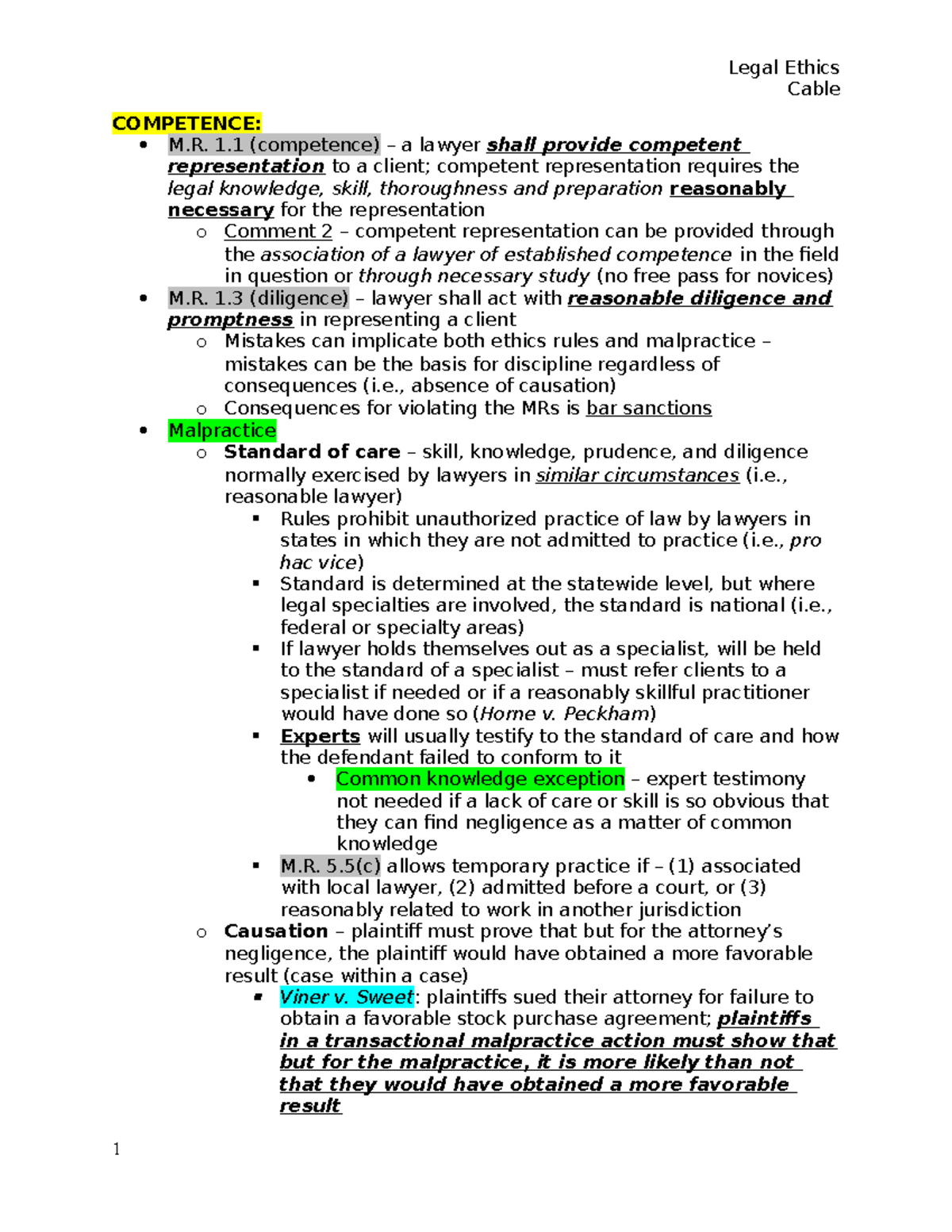 Legal Ethics Outline Cable COMPETENCE M. 1 a lawyer