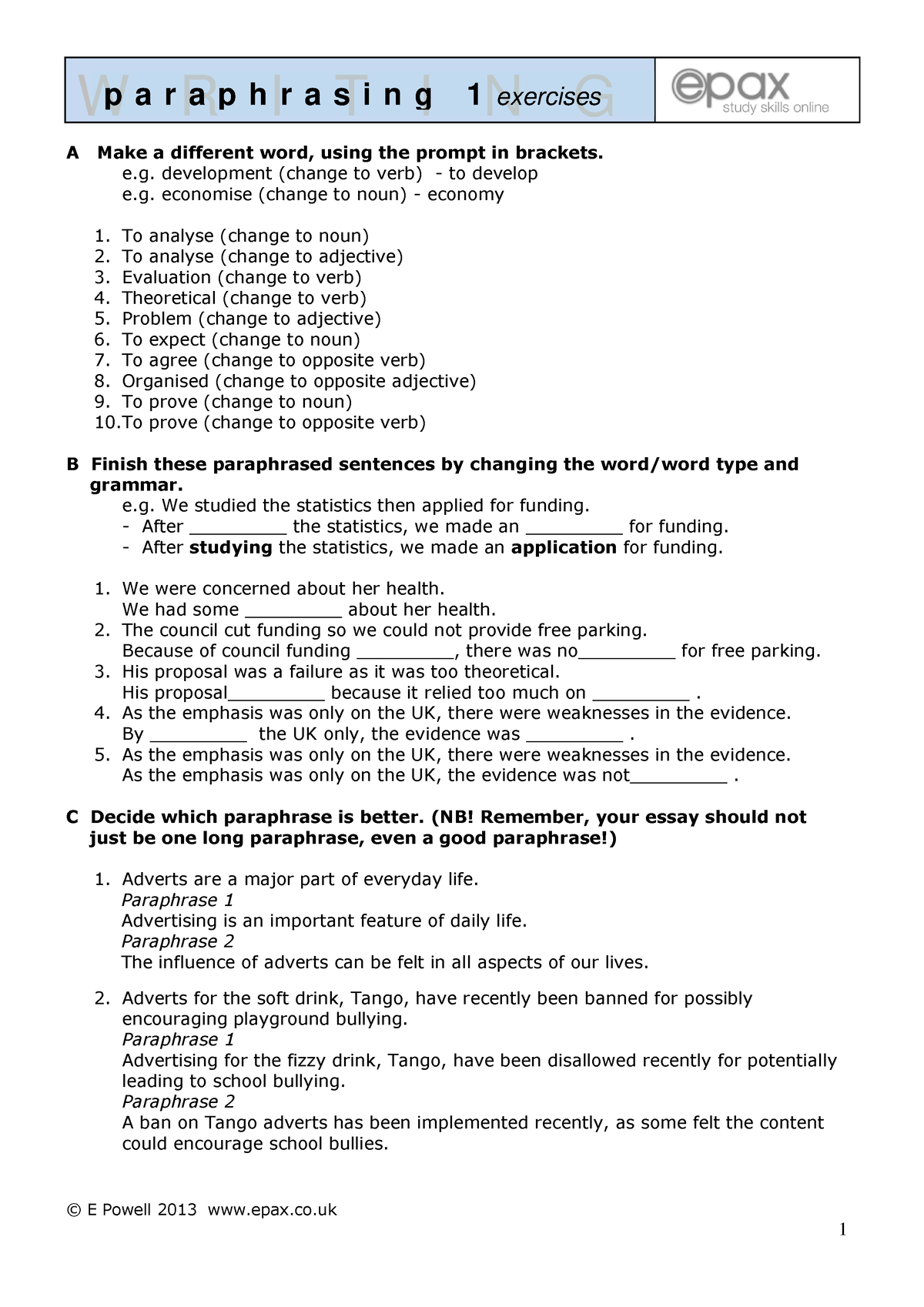 paraphrasing 1 exercises epax