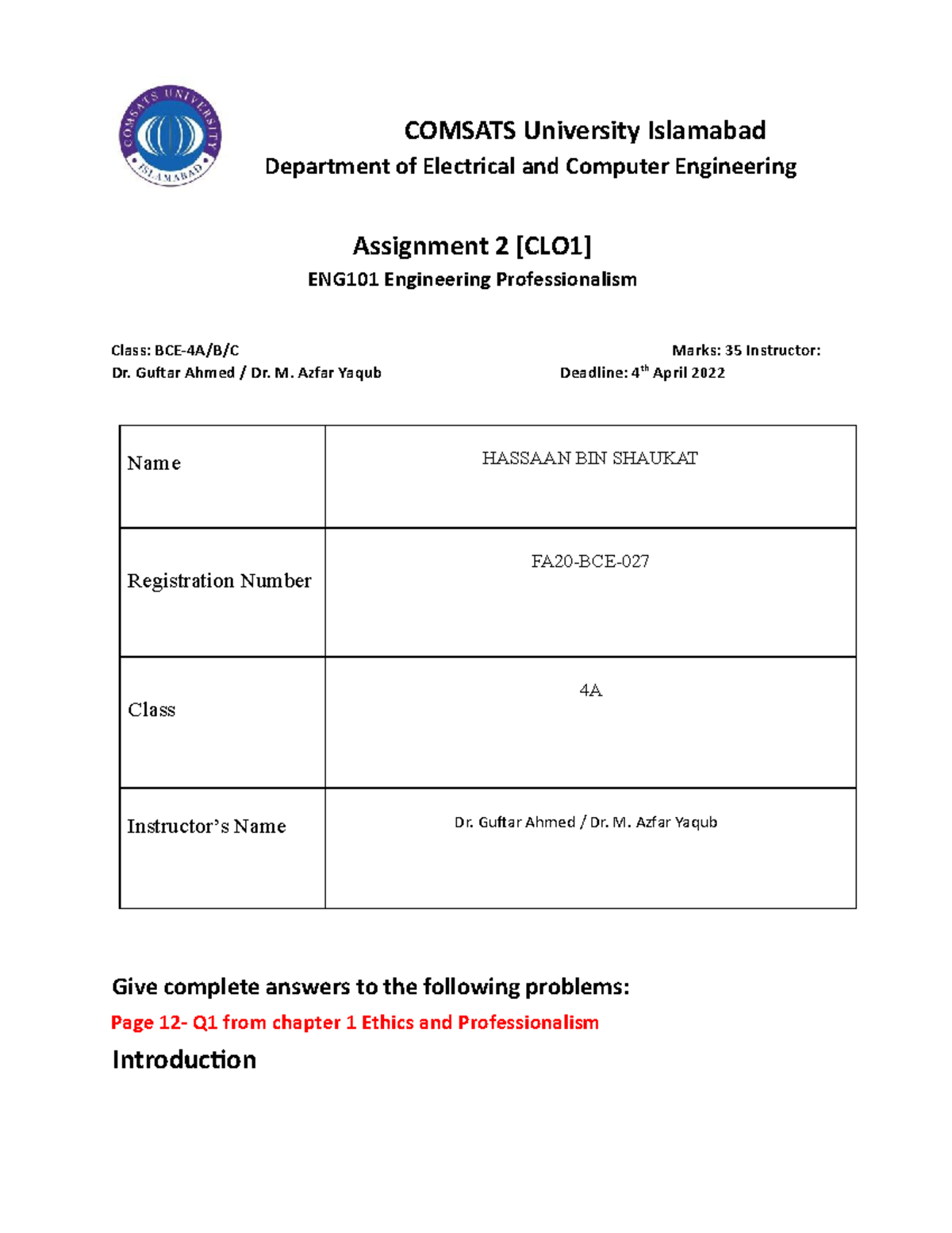 Assignment 2 027 - COMSATS University Islamabad Department of ...