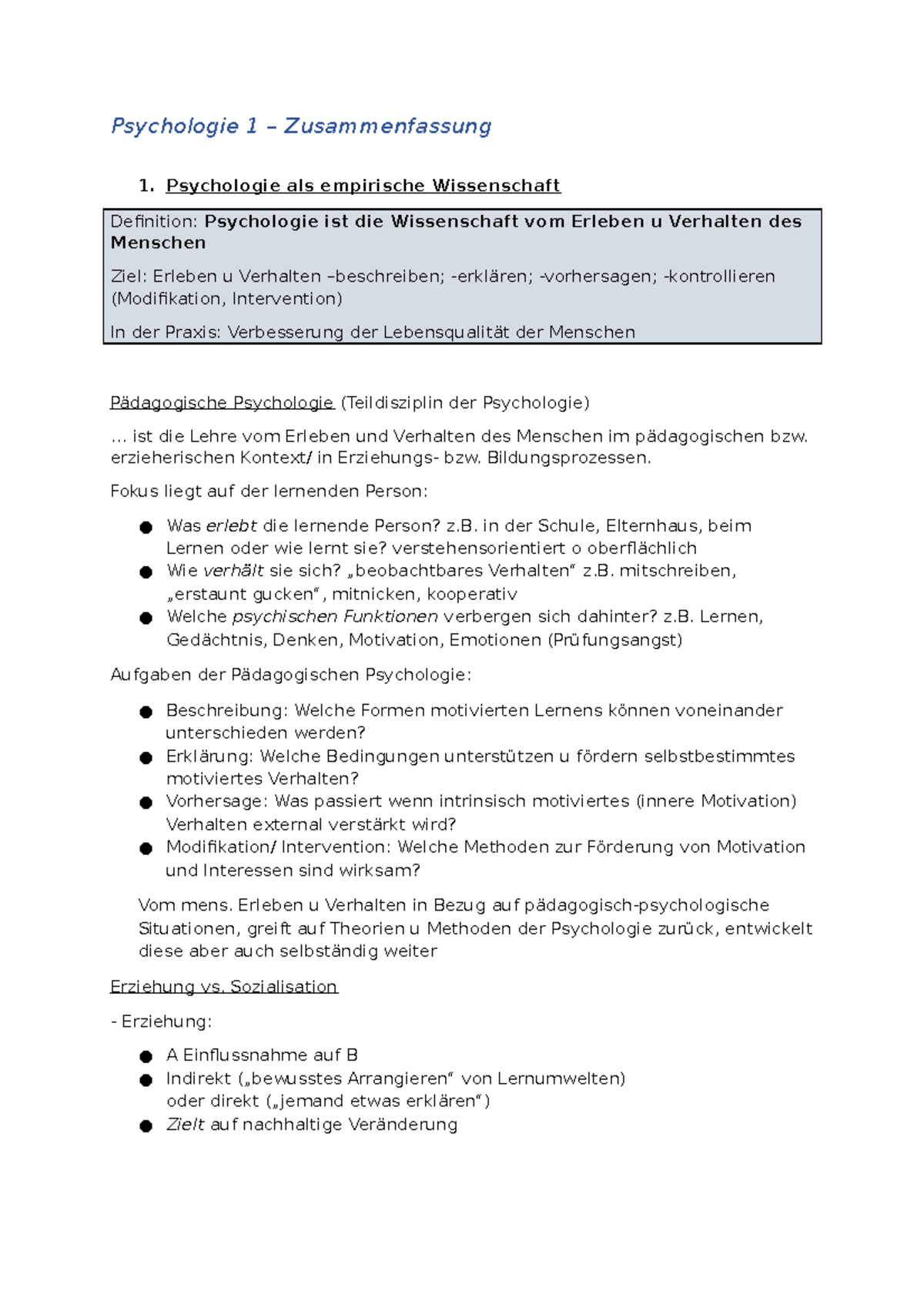 Psycho 1ZF - Psychologie 1 – Zusammenfassung Psychologie als empirische ...