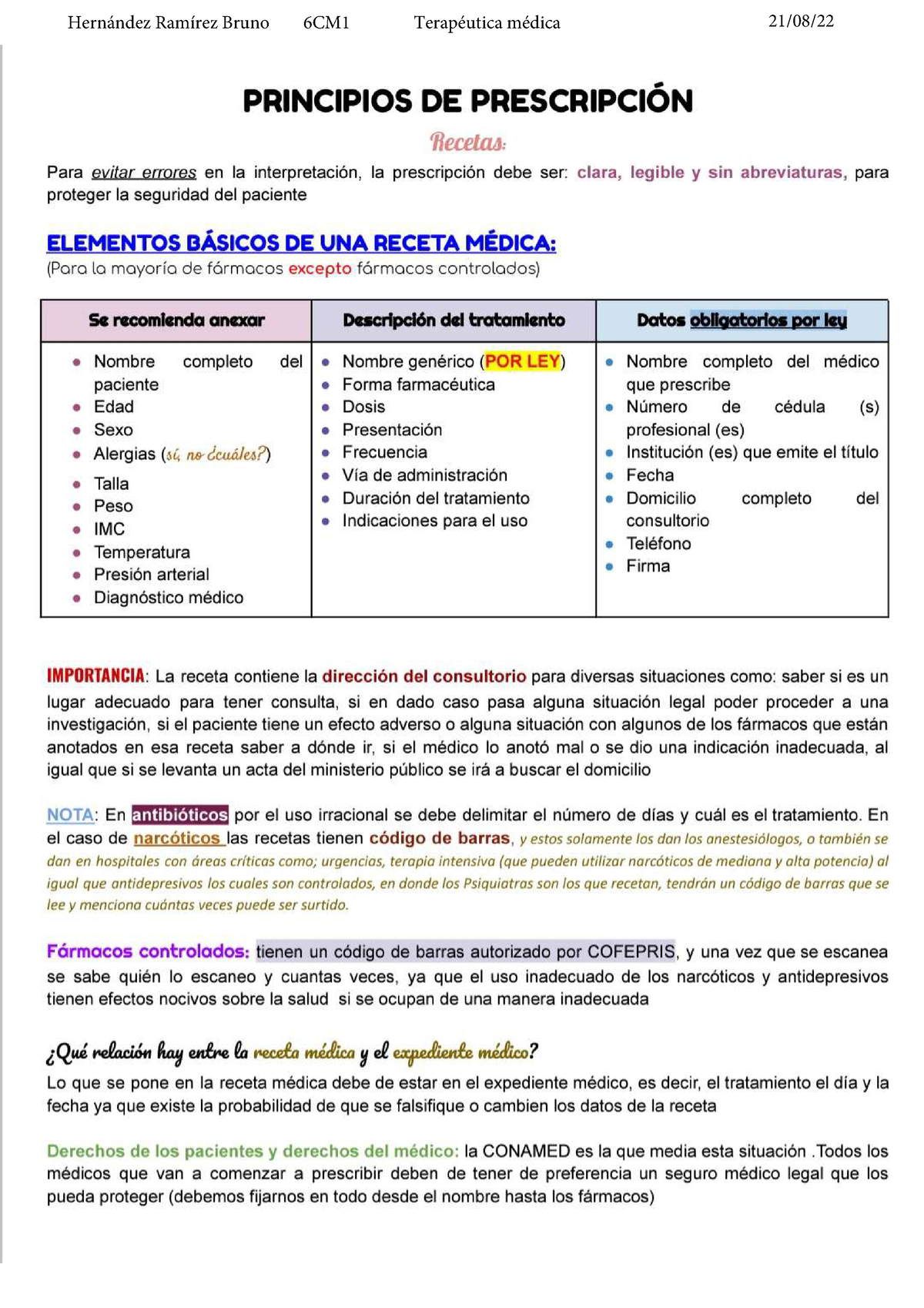 Receta medica - Farmacologia - Hernández Ramírez Bruno 6CM1 Terapéutica  médica 21/08/ - Studocu