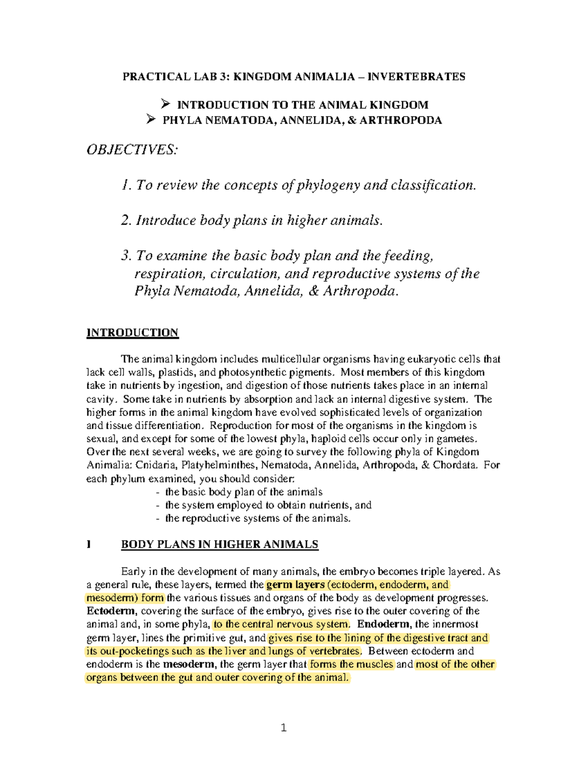 (Highlight)1116 lab manual Practical Lab 3 Kingdom Animalia ...