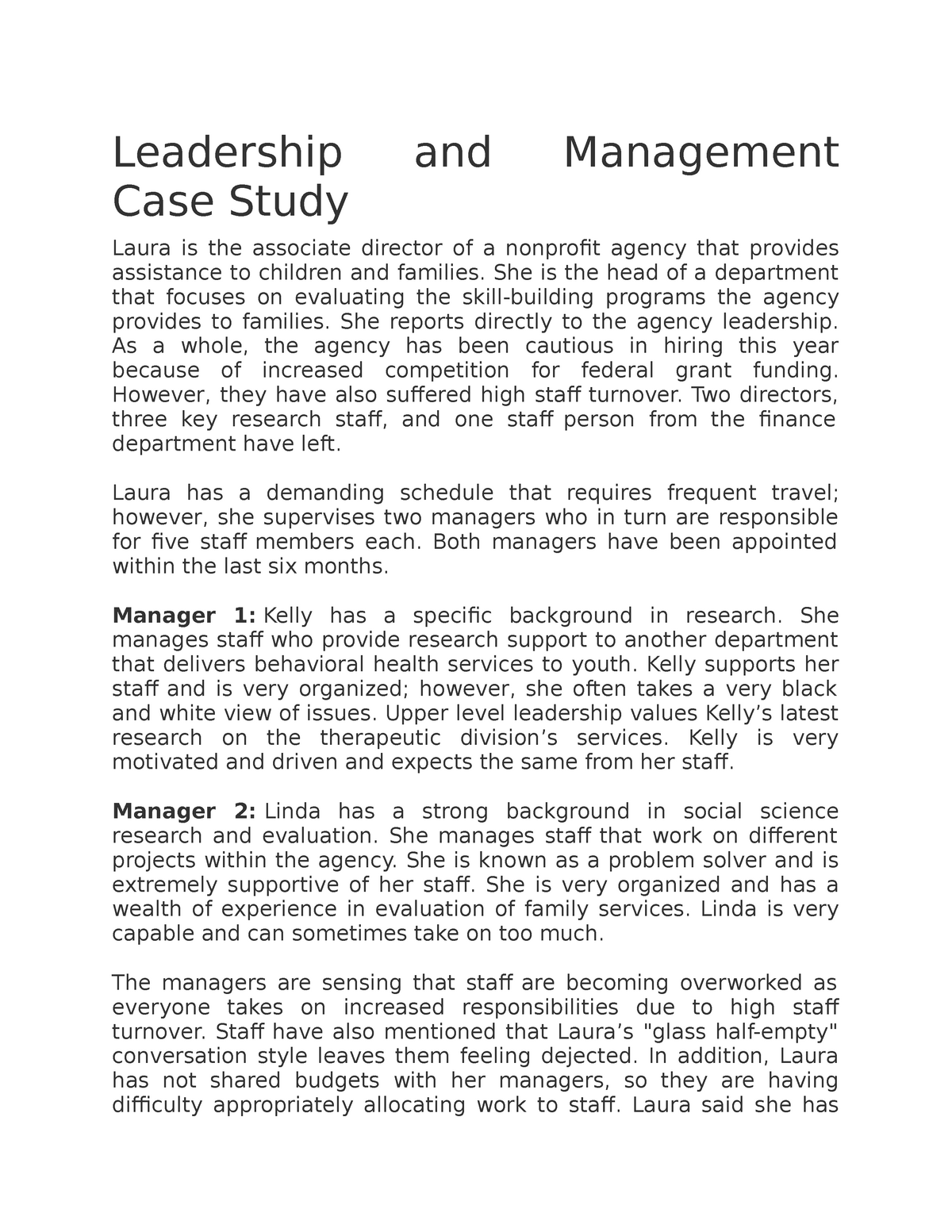 leadership and management case study laura
