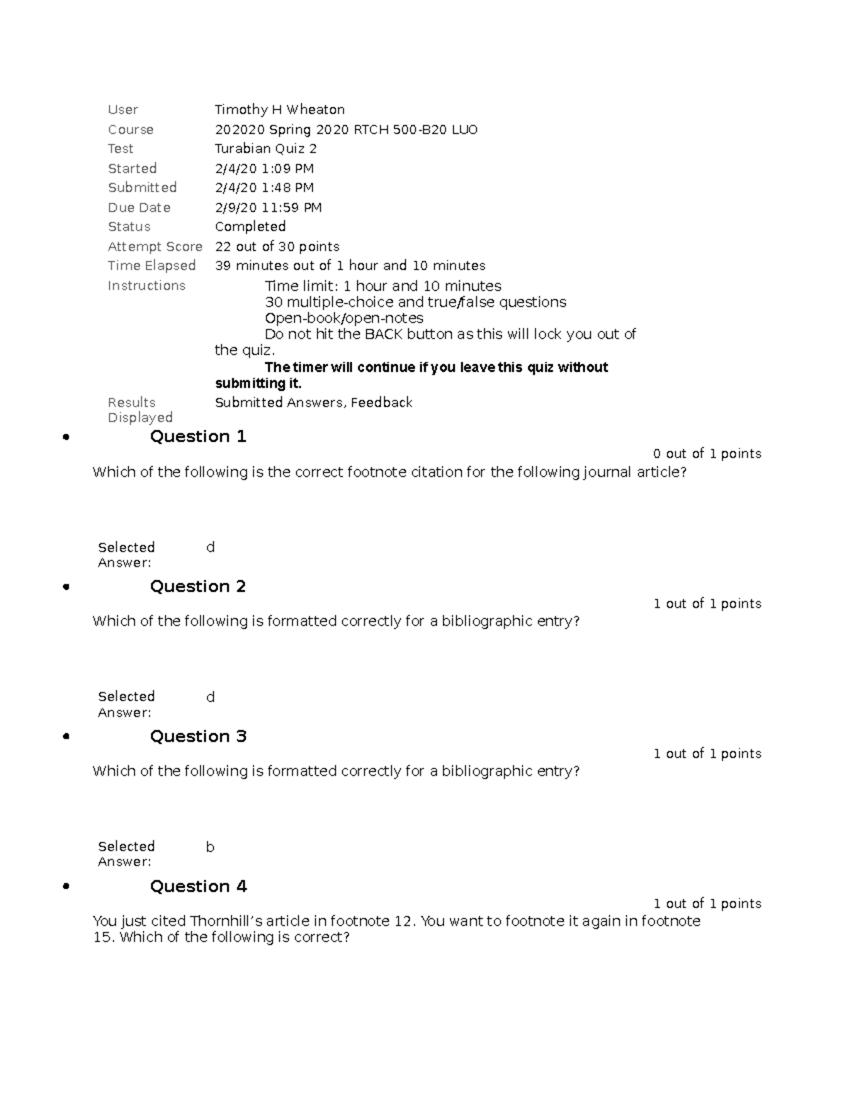 Tim Turbain Quiz # 2 - User Timothy H Wheaton Course 202020 Spring 2020 ...