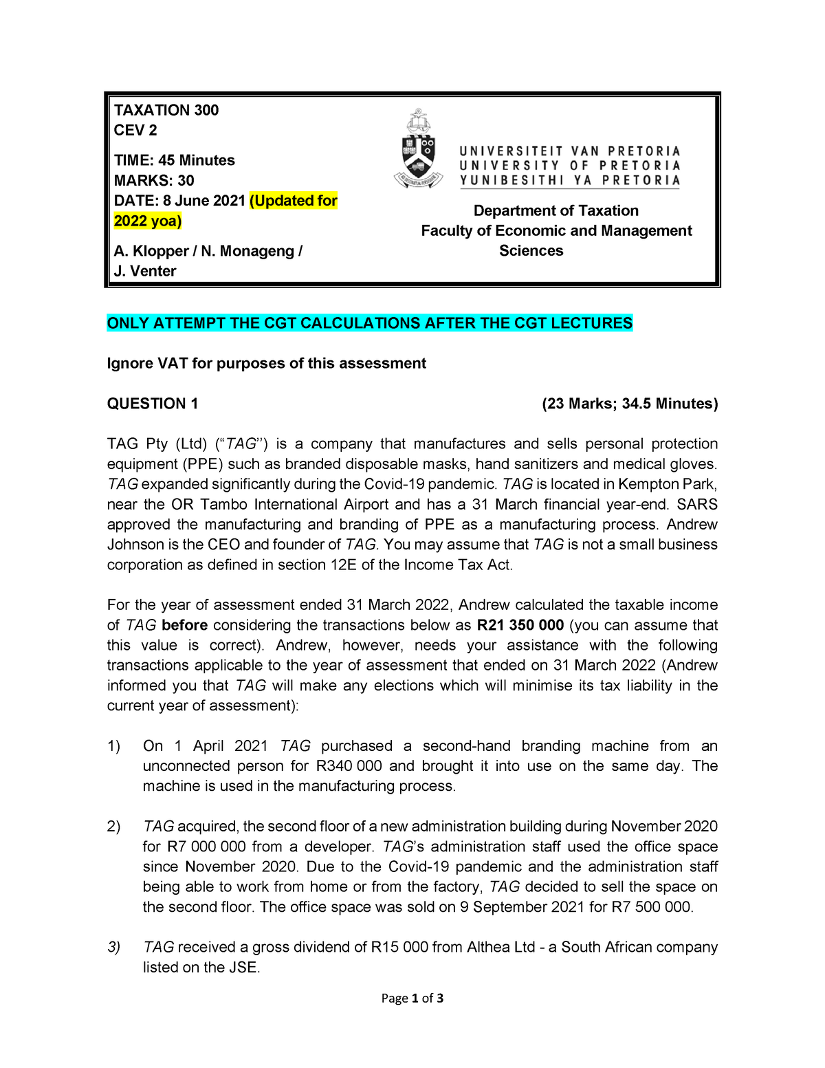 Question CEV 2 2021 (Updated 2022) - Page 1 of 3 ONLY ATTEMPT THE CGT ...