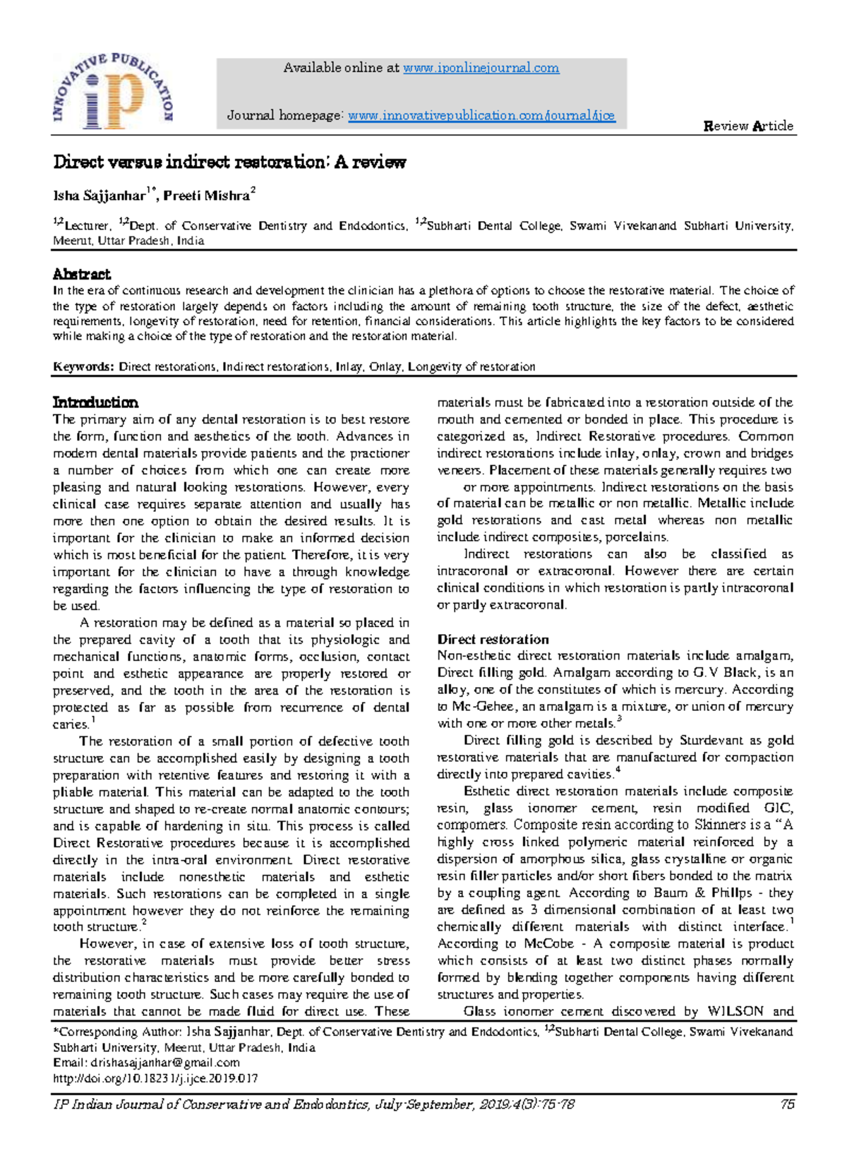 Direct Versus Indirect Restoration A Rev Review Article