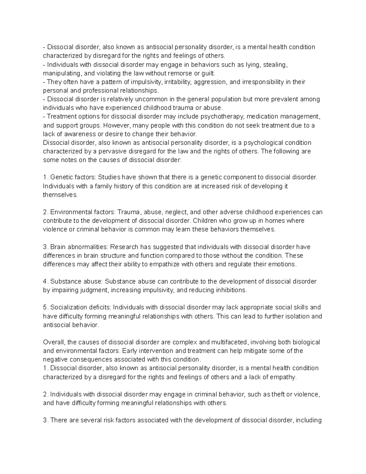 Notes for class multiple chapters - Dissocial disorder, also known as ...