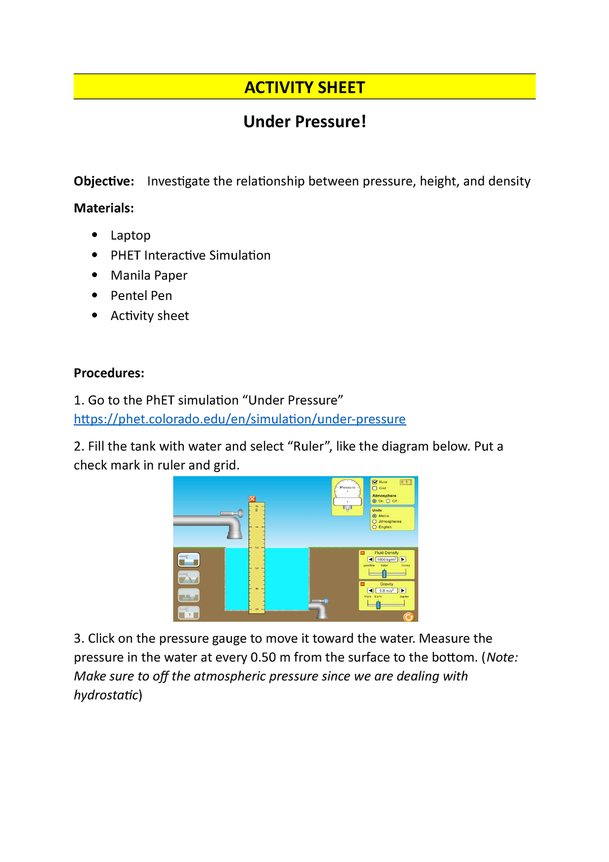 Activity Sheet Benlac - ACTIVITY SHEET Under Pressure! Objective ...