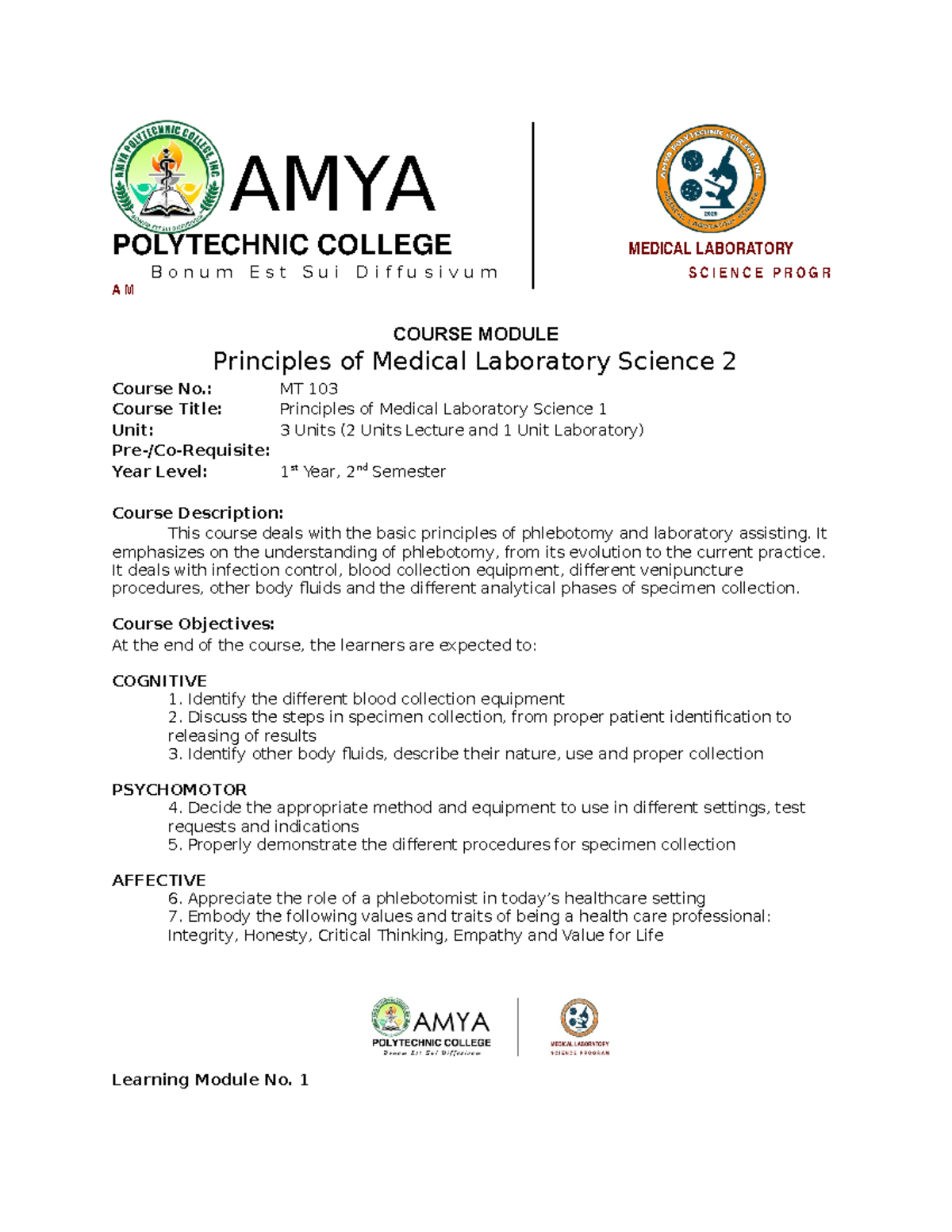 PMLS 2 Course Pack (Module 1-5) - AMYA POLYTECHNIC COLLEGE MEDICAL ...