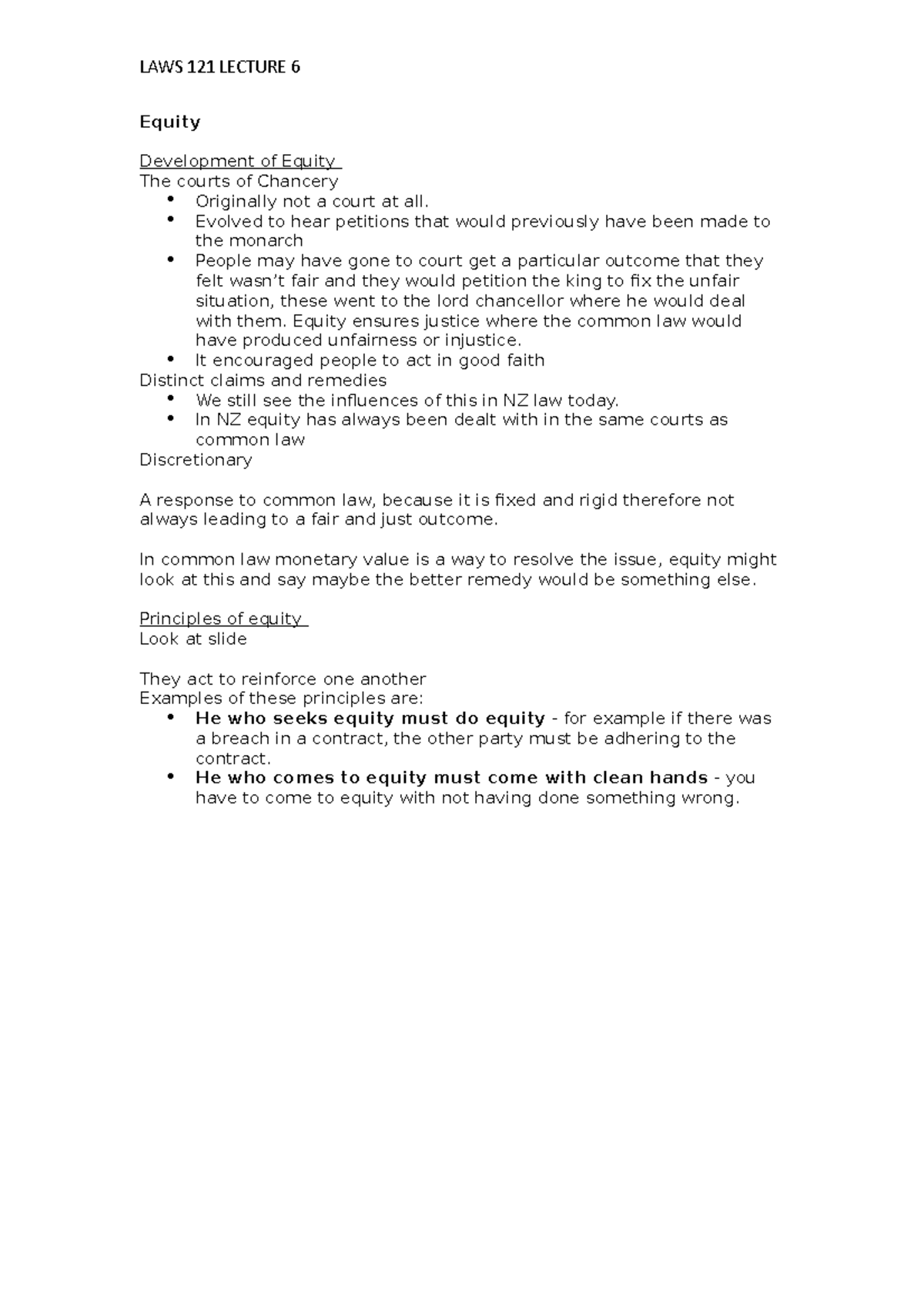 Lecture 6 LAWS 121 LECTURE 6 Equity Development of Equity The courts