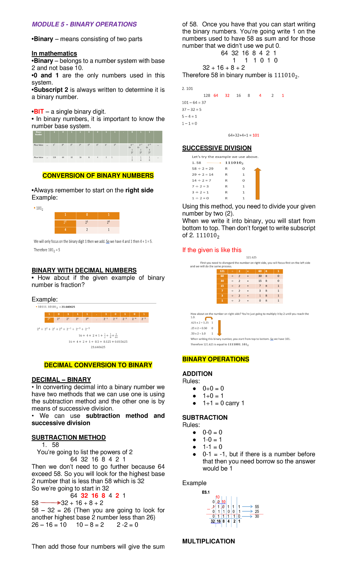 MMW Finals Reviewer - MODULE 5 - BINARY OPERATIONS Binary – means ...