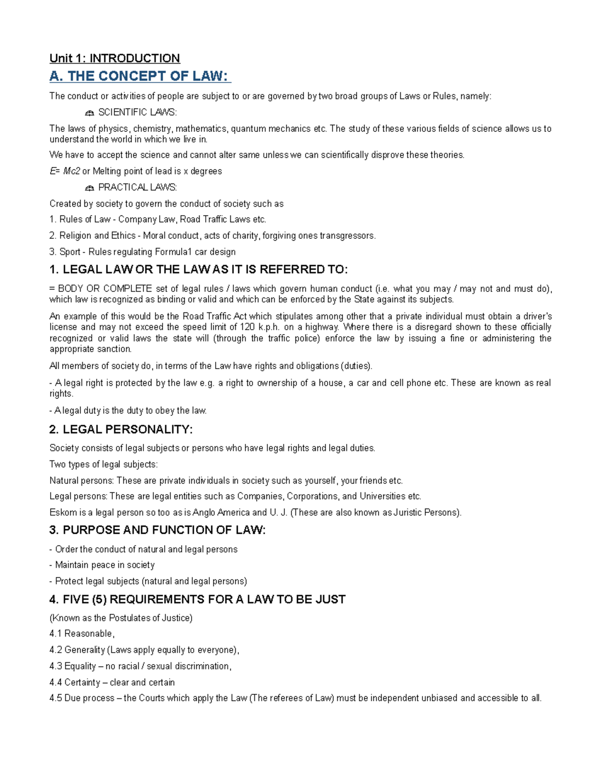 Semester Test 1 Summary - Unit 1: INTRODUCTION A. THE CONCEPT OF LAW ...