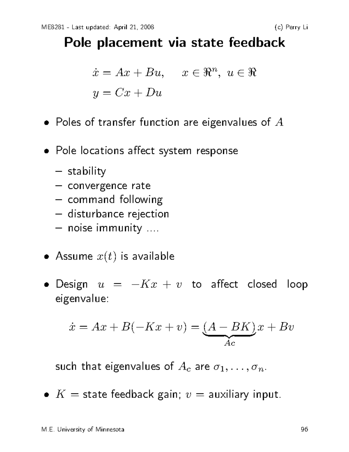 Statefeedback Advanced Control Systems Design Spring 2014 ch 4 - ME8281 ...