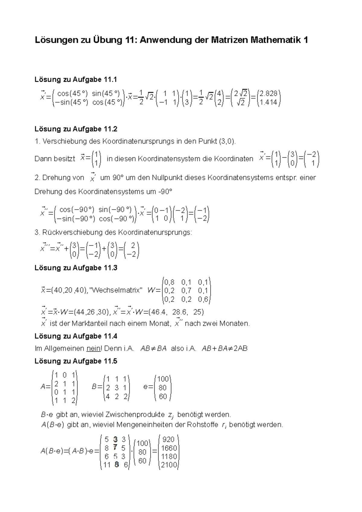 Matrizen Aufgaben Mit Lösungen Pdf M1Loe11Anw Matrizen - Matriz - ####### Lösungen zu Übung 11: Anwendung