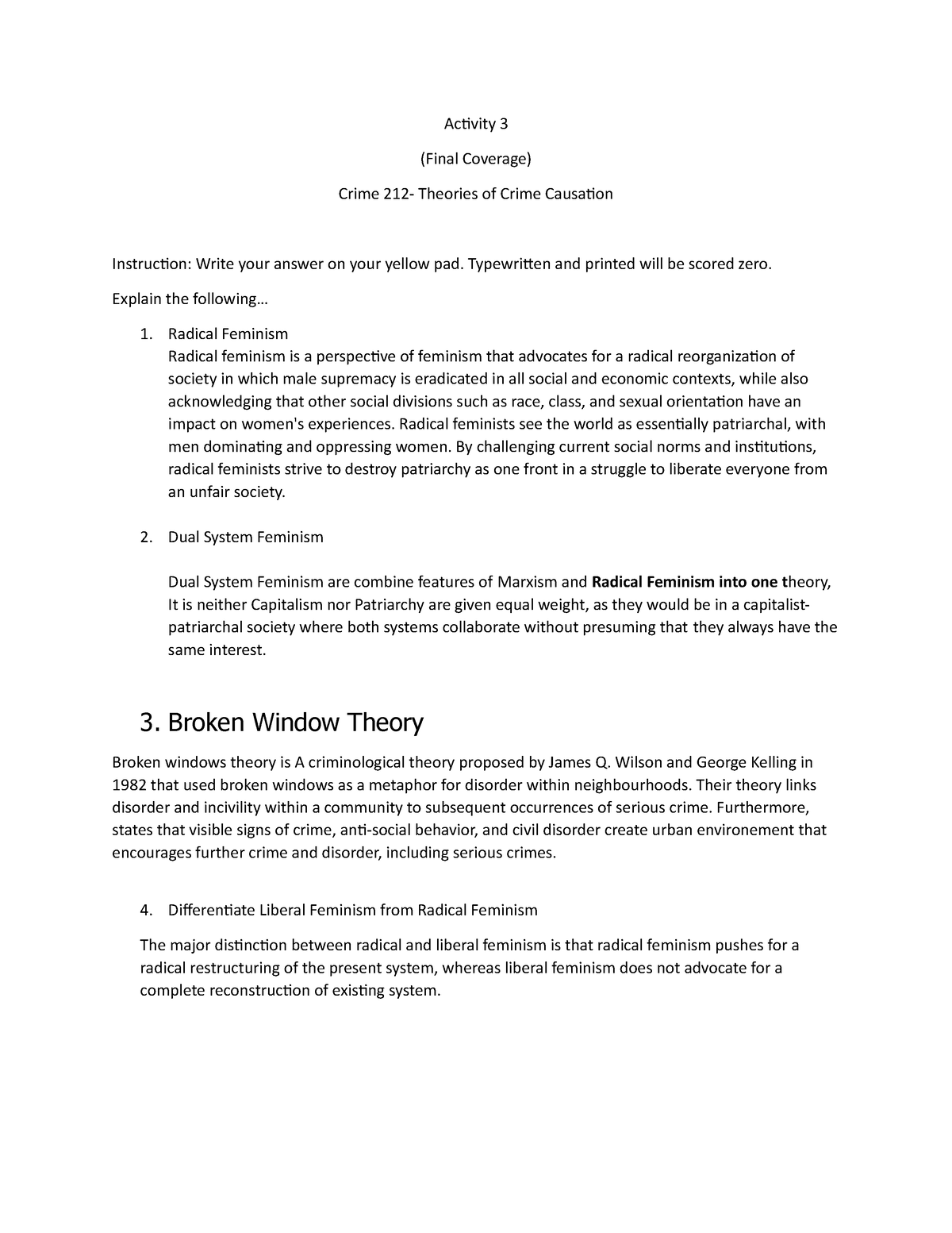 CRIM THEORIES OF CRIME AND CAUSATION - Activity 3 (Final Coverage ...