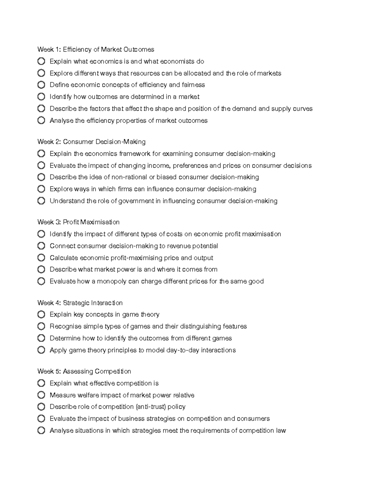 Learning Outcomes Checklist - Week 1: Efficiency of Market Outcomes ...