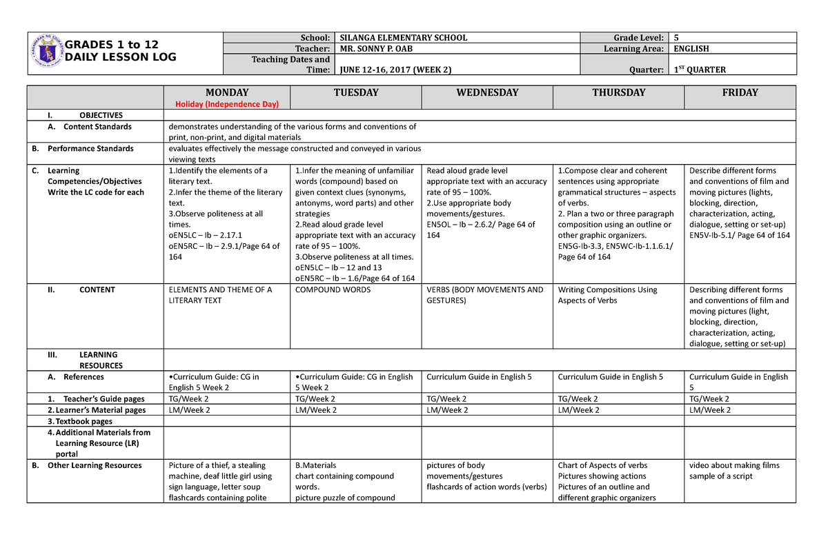 DLL English 5 Q1 W2 - DAILY LESSON LOG - GRADES 1 To 12 DAILY LESSON ...