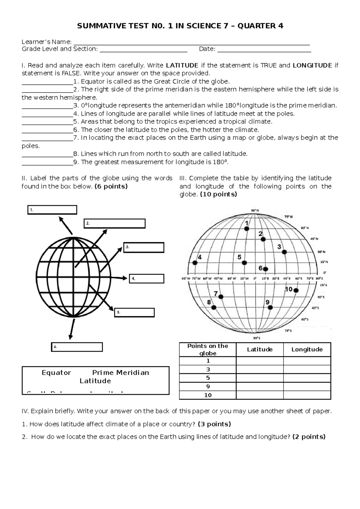 Summative TEST 1 IN Science 7-Q4 - SUMMATIVE TEST N0. 1 IN SCIENCE 7 ...