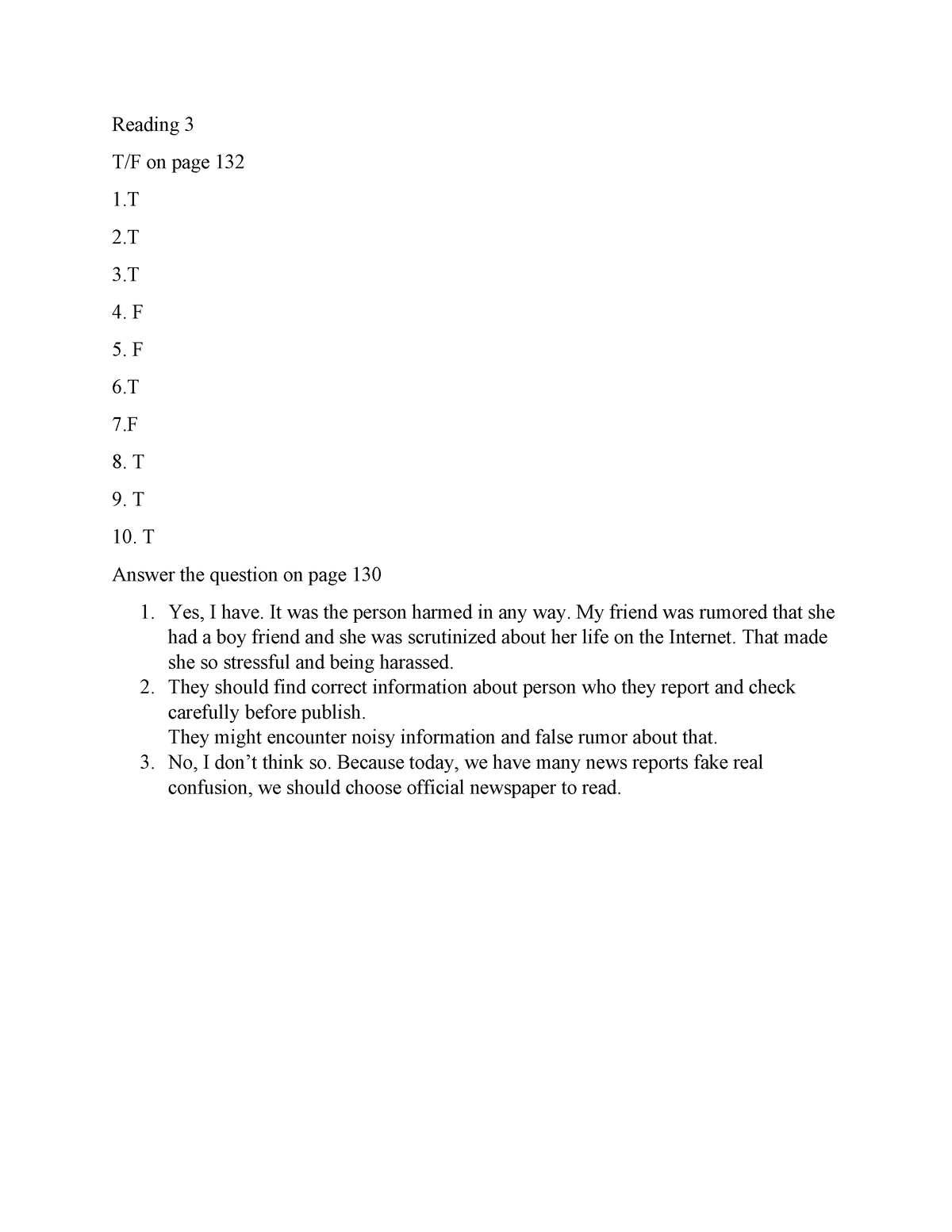 Reading 3 Vo Phuong Uyen 22dh123320 Kq2205 Reading 3 T F On Page 132 1 2 3 4 F 5 F 6 7 8 T