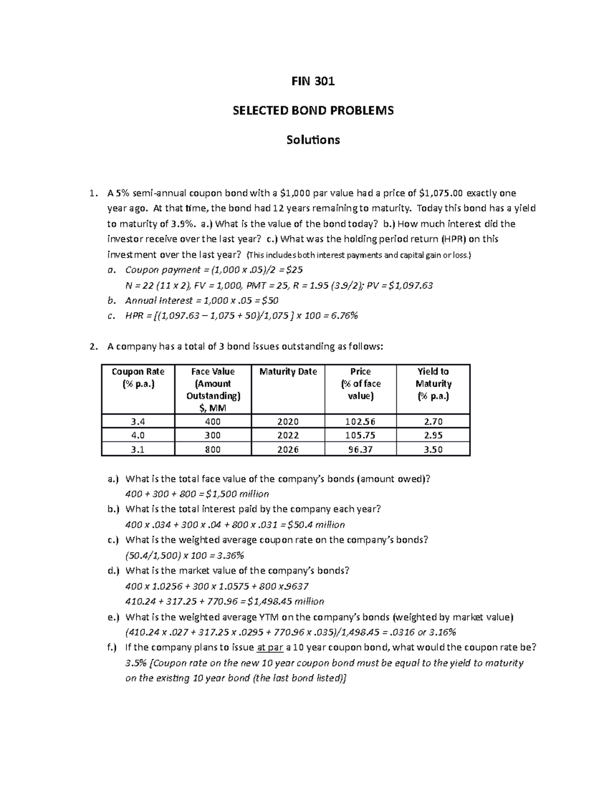 Selected BOND Problems F 2016 Solutions FIN 301 SELECTED BOND