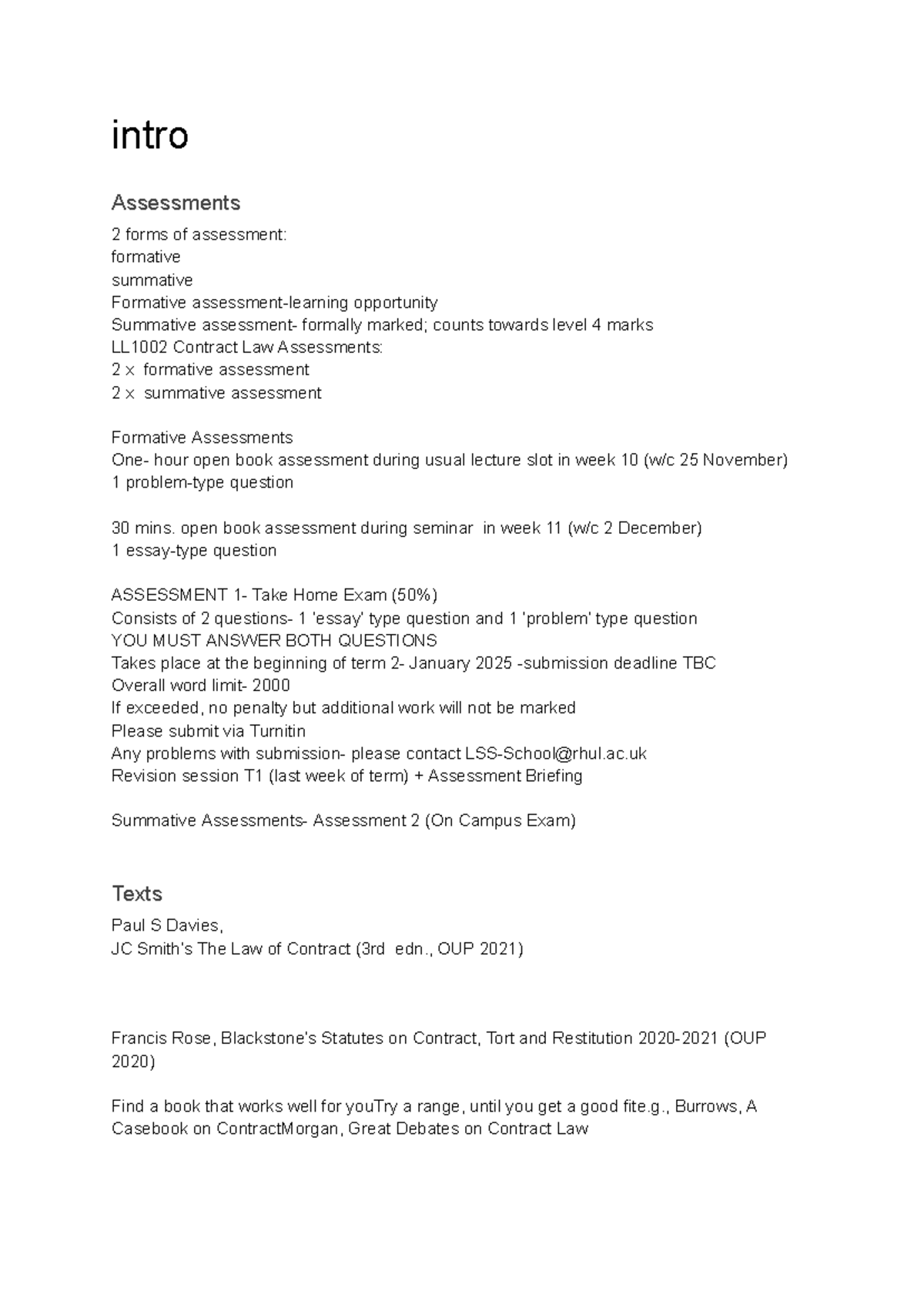 Contract law - just read it - intro Assessments 2 forms of assessment ...