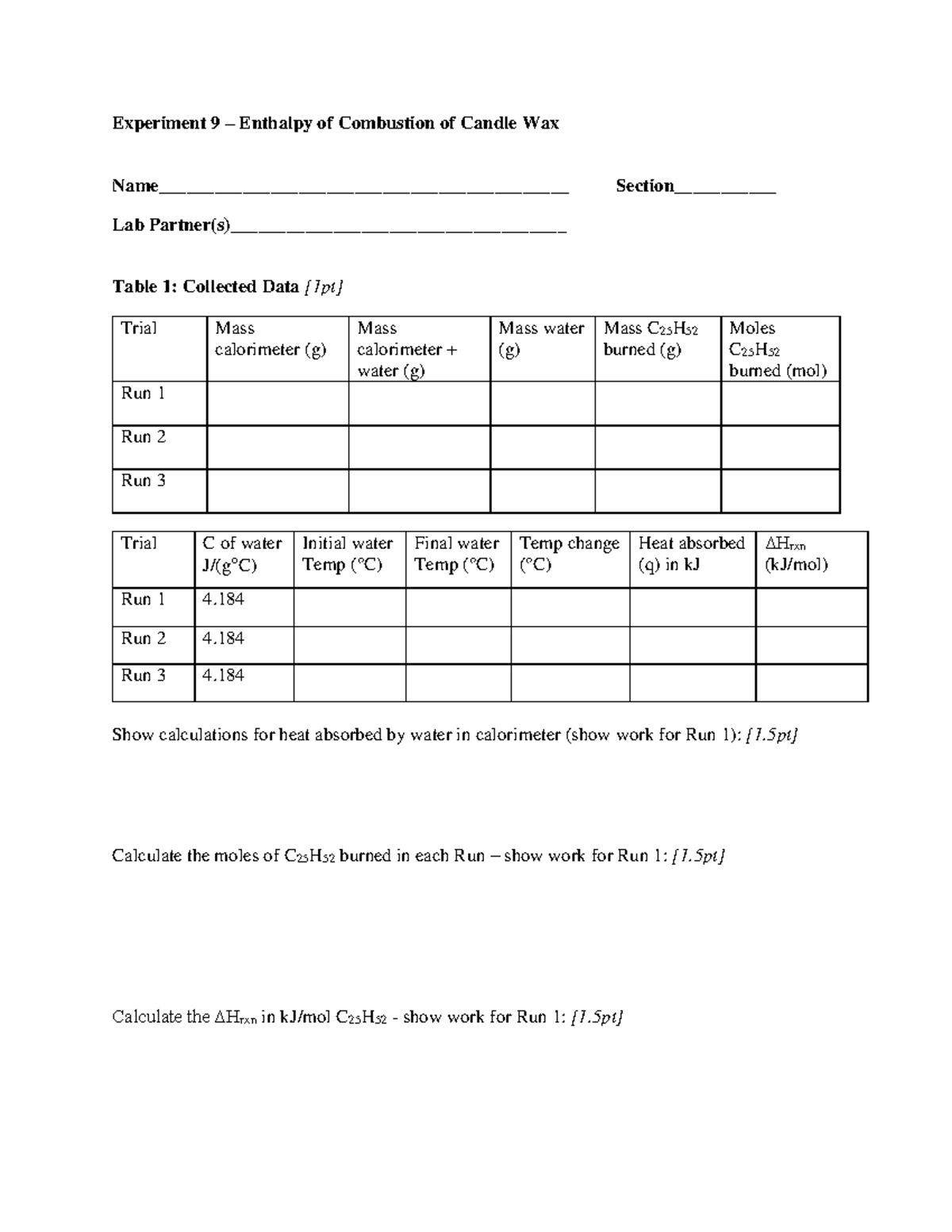 Experiment 9 Report Experiment 9 Enthalpy of Combustion of Candle