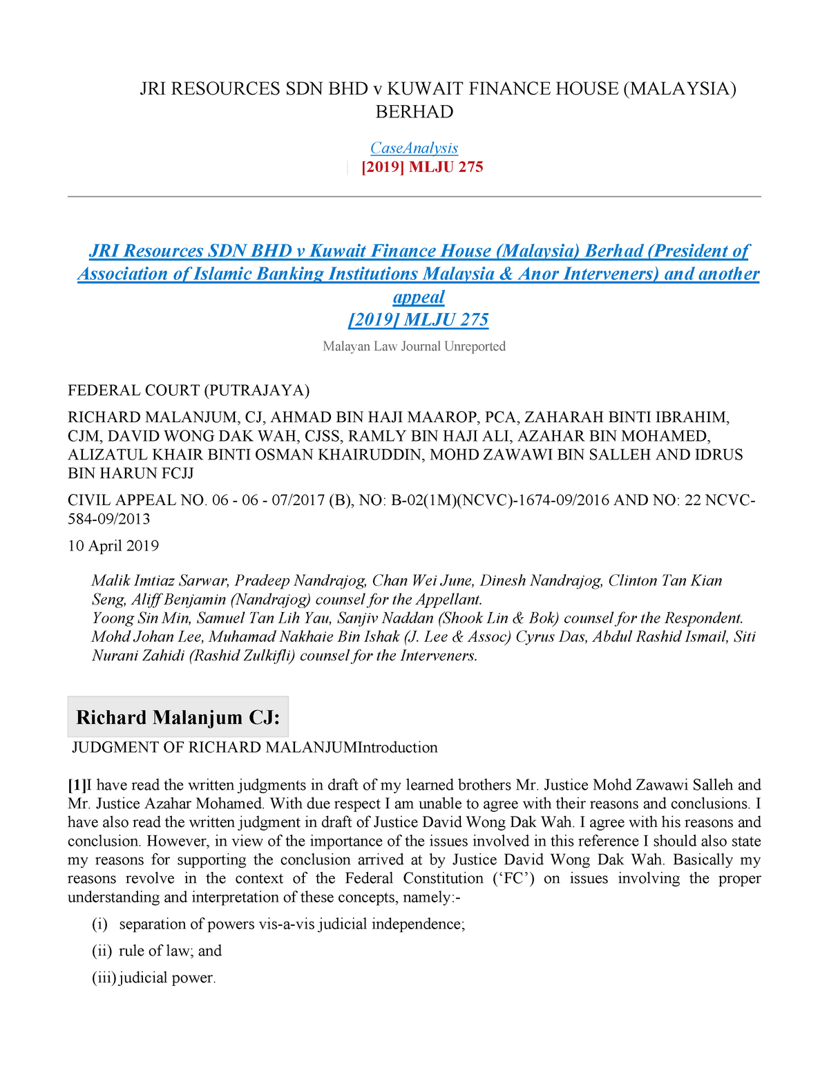 JRI Resources SDN BHD v Kuwait Finance House (Malaysia) - 06 - 06 