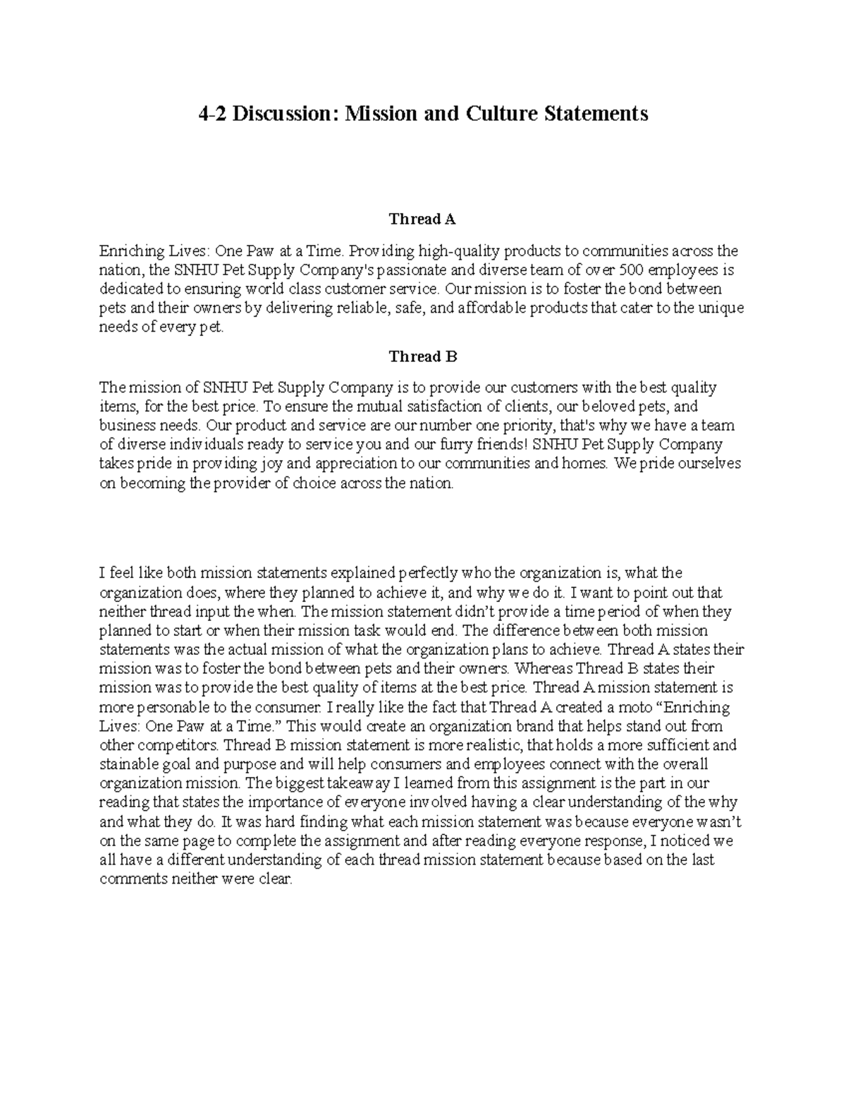4-2 Discussion Mission and Culture Statements - Providing high-quality ...