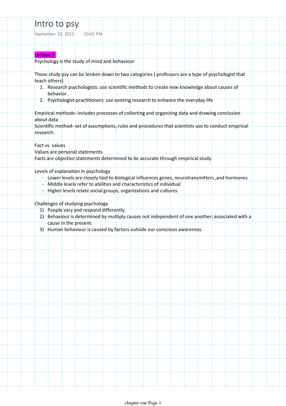 Chapter One - Lecture 1 Psychology Is The Study Of Mind And Behaviour ...