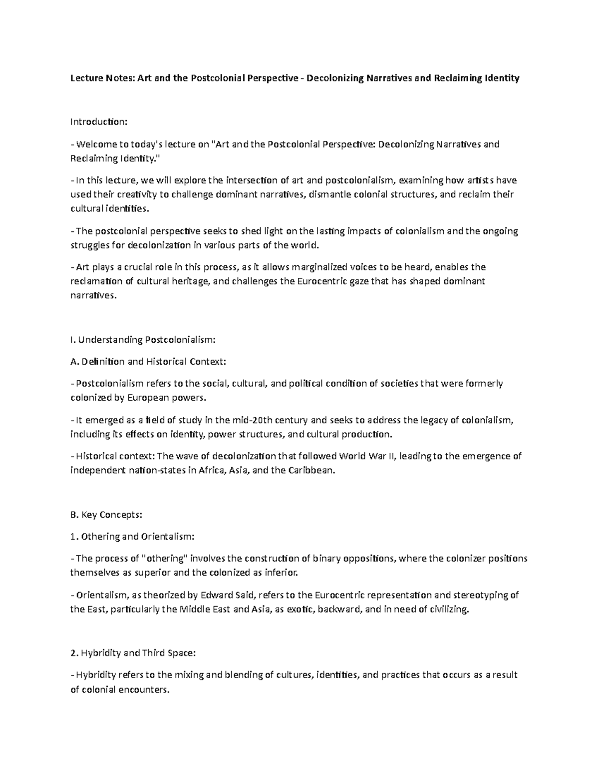 Lecture Notes Art And The Postcolonial Perspective Decolonizing