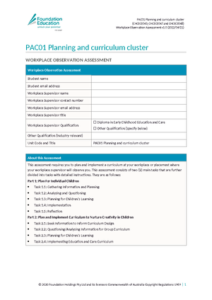 BAI01 - Workplace Observation Assessment (ECEC) - (CHCECE046, CHCECE045 ...